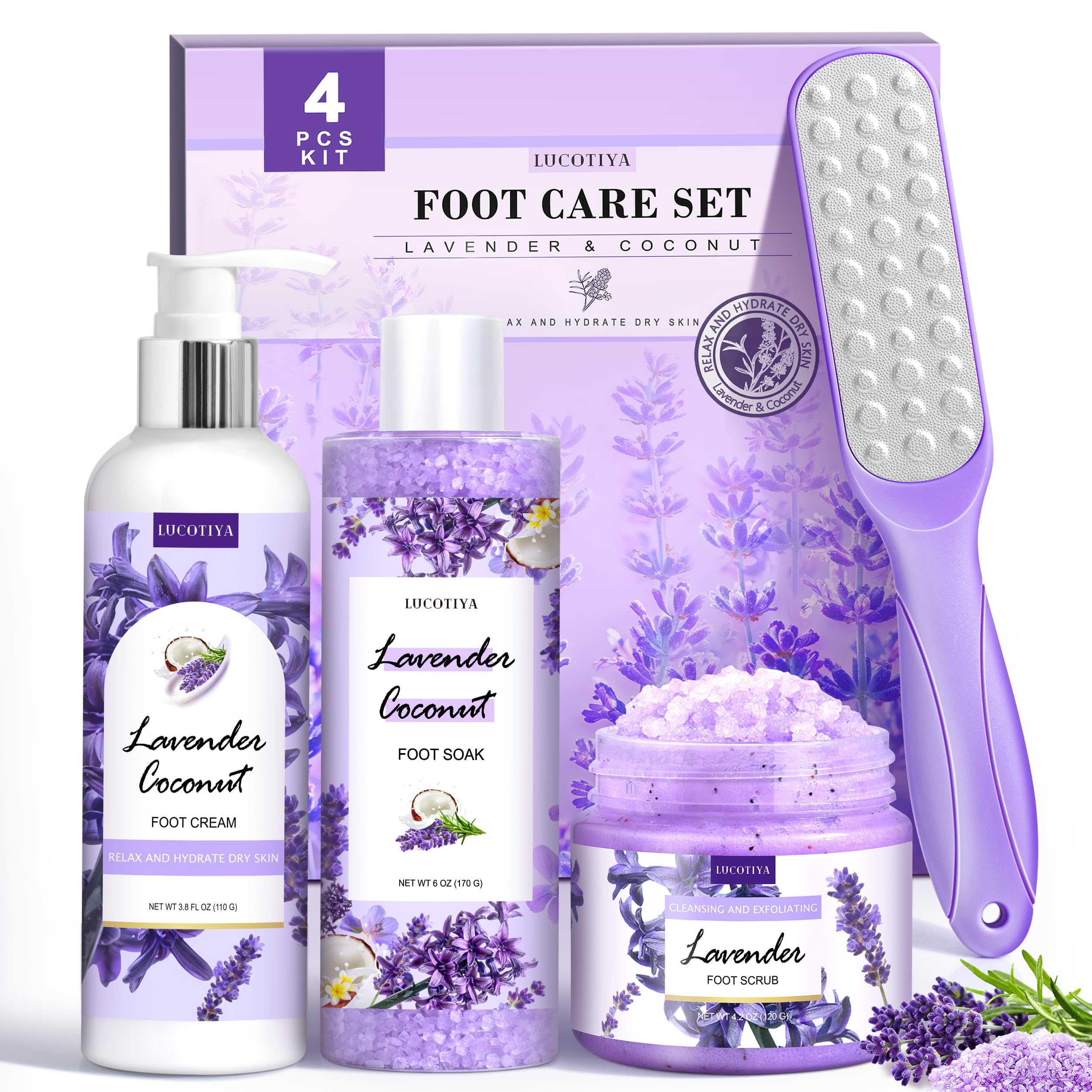 LUCOTIYA front packaging showing lavender foot soak set benefits