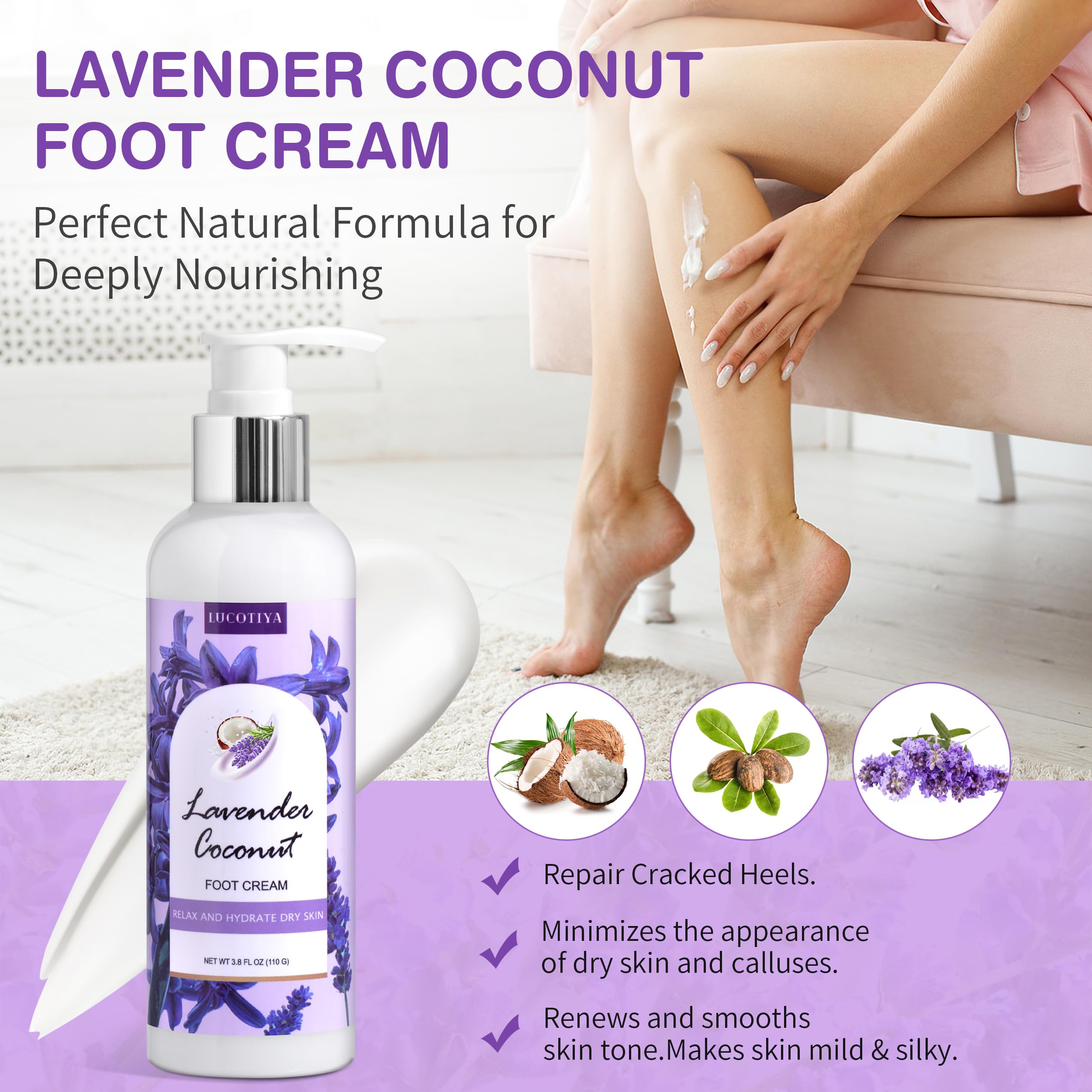 LUCOTIYA urea foot cream tube label visible, hydrating for cracked heels