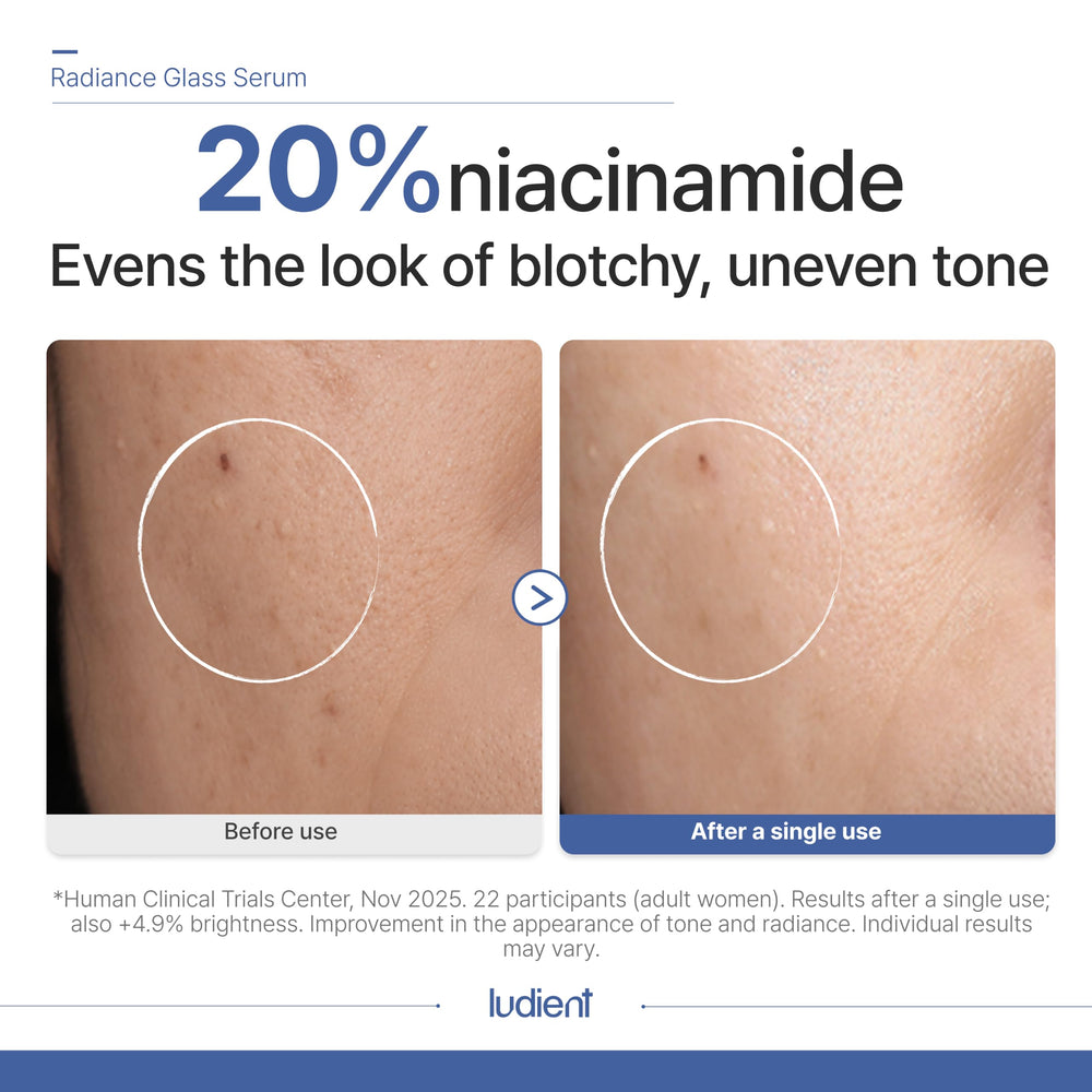 ludient ingredient graphic featuring niacinamide and glutathione clarity benefit