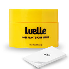 Luelle front packaging showing 100-piece pore strip pack and clear benefits