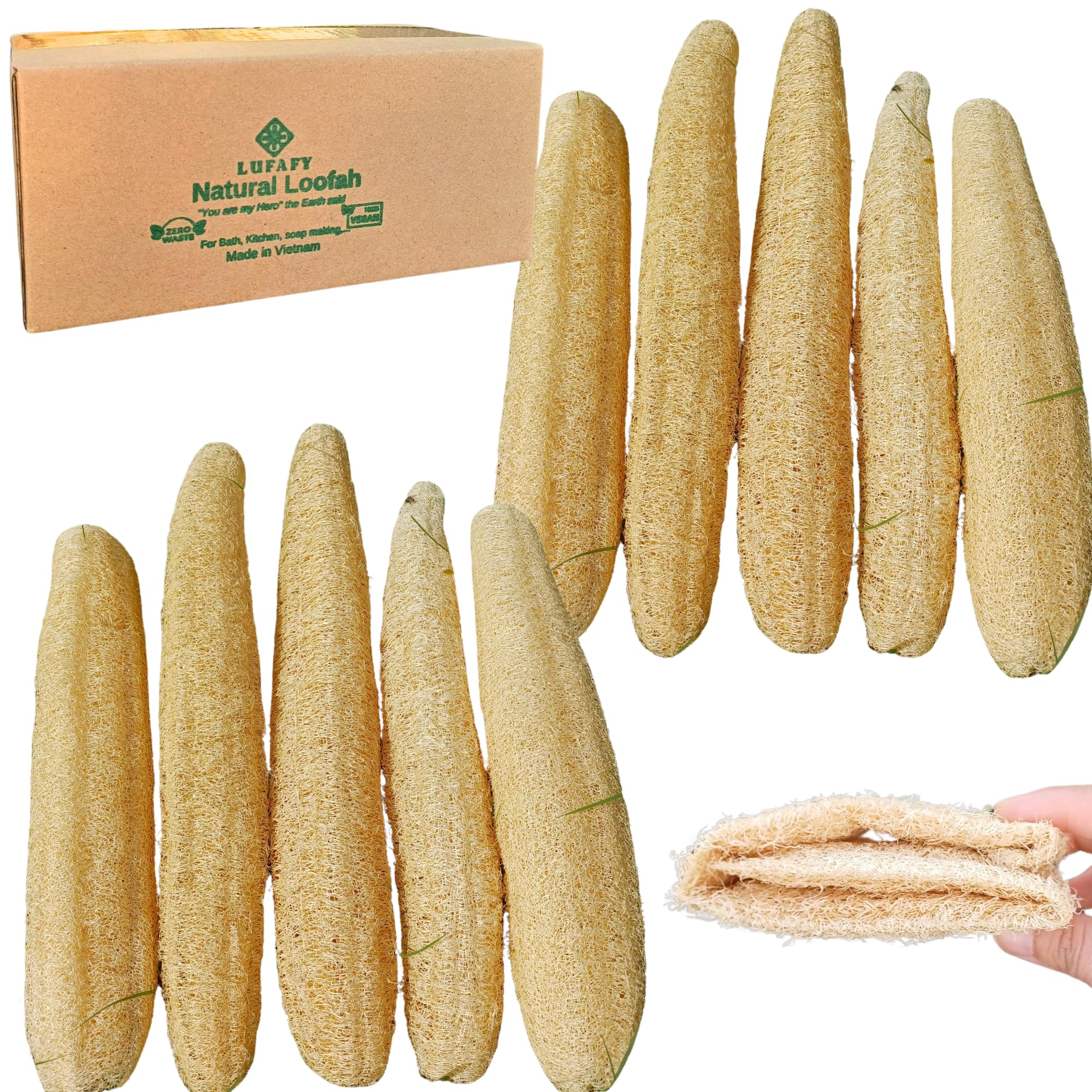 LUFAFY 10-pack front view showing natural loofah tubes and eco packaging benefit