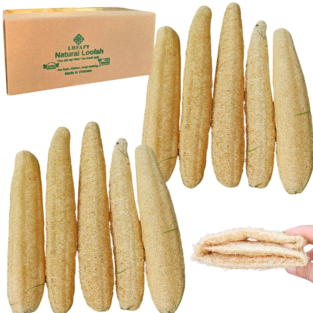 LUFAFY 10-pack front view showing natural loofah tubes and eco packaging benefit