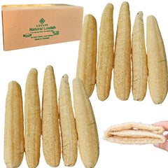 LUFAFY 10-pack front view showing natural loofah tubes and eco packaging benefit