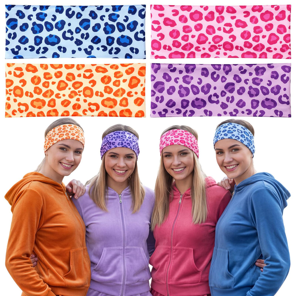 luinabio front view of four leopard-print headbands showing colors and packaging, stylish storage benefit