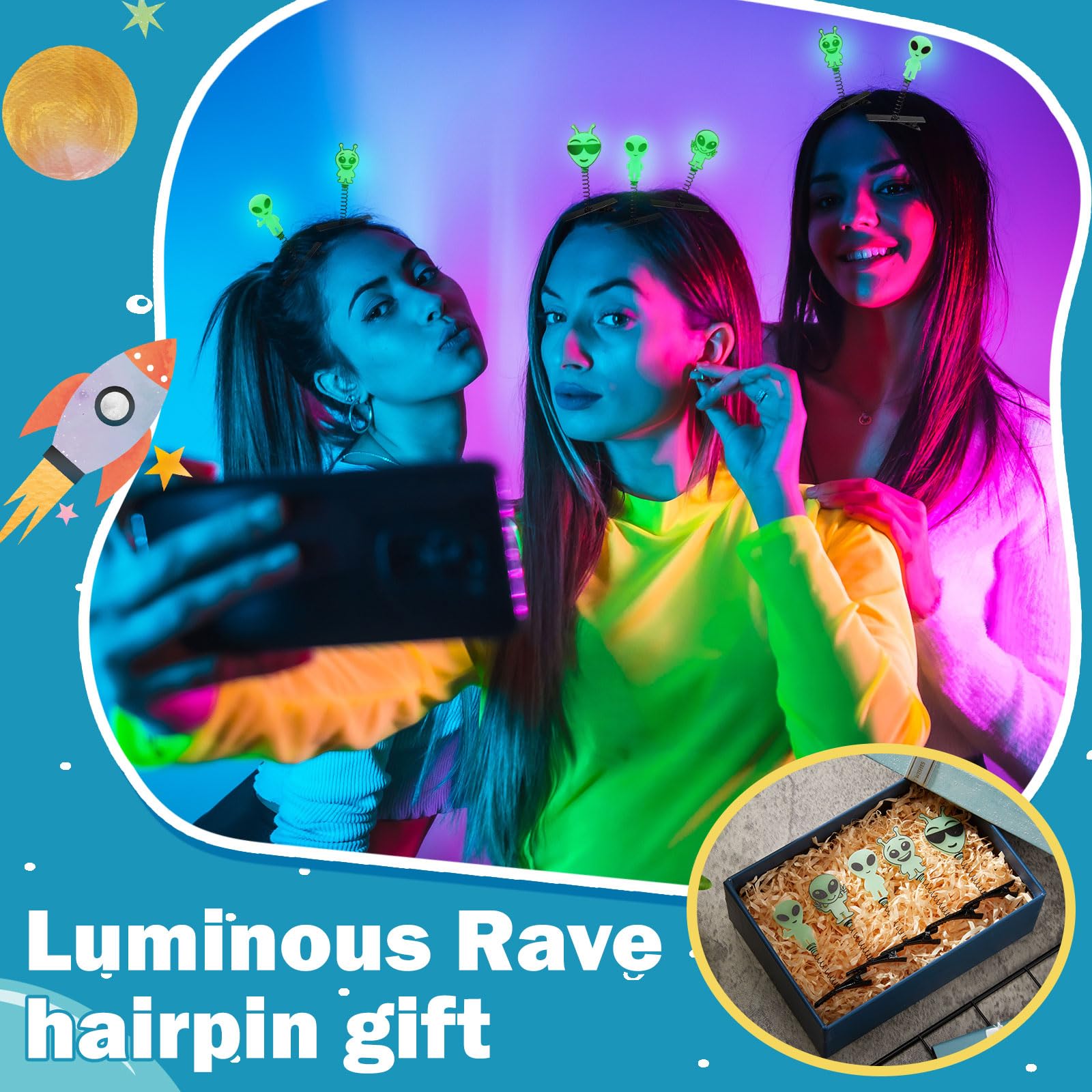 Luinabio clips worn at a festival demonstrating nighttime glow impact