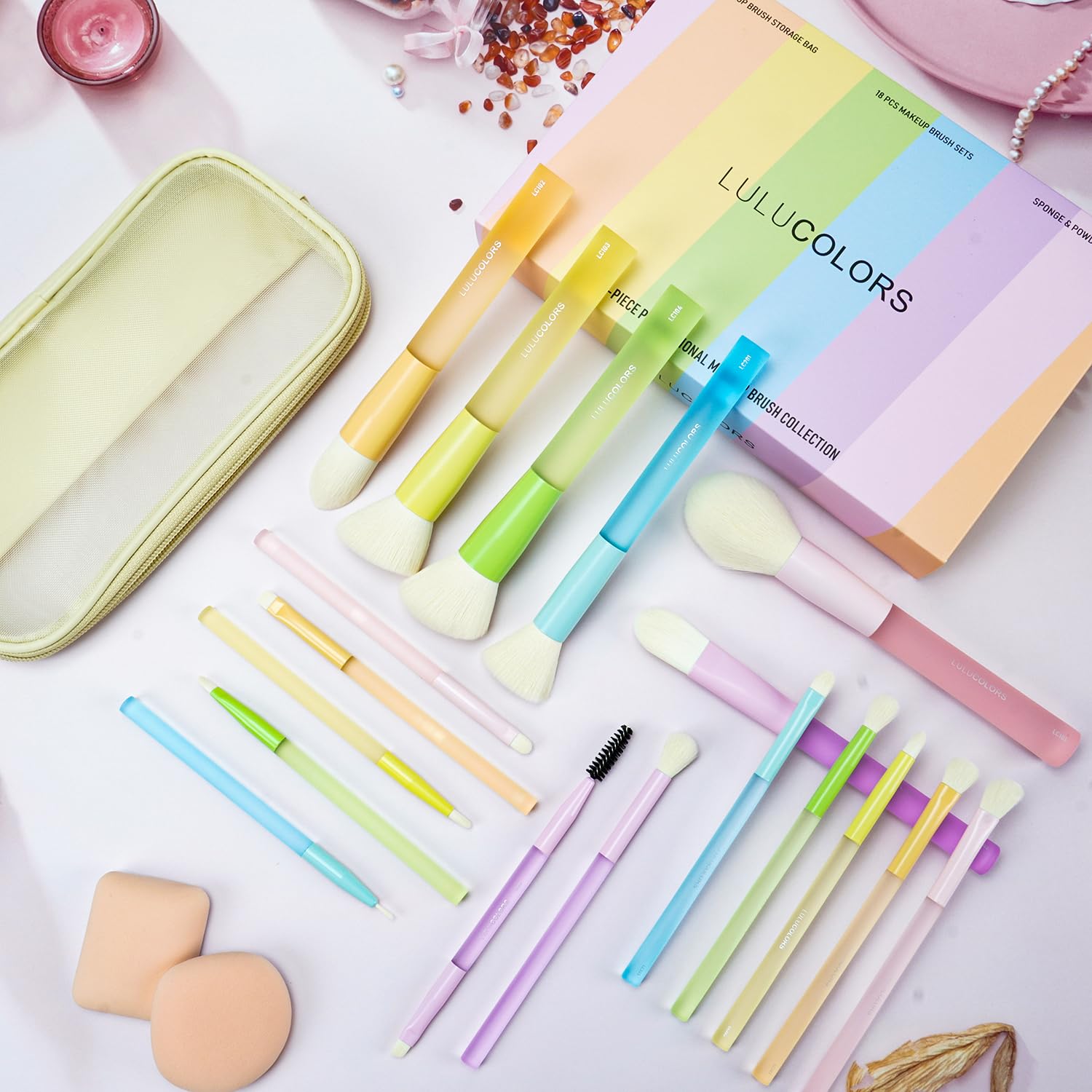 LULUCOLORS fanned brushes close-up showcasing shapes for easy selection and blending