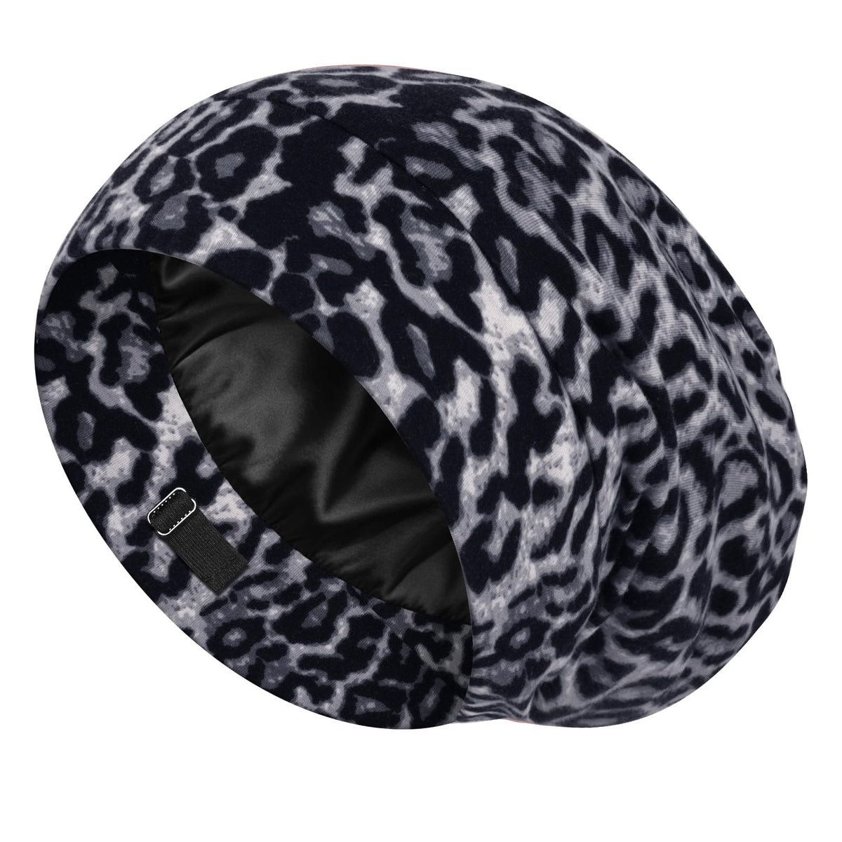 LULUSILK front view of black leopard bonnet showing fit and style benefit