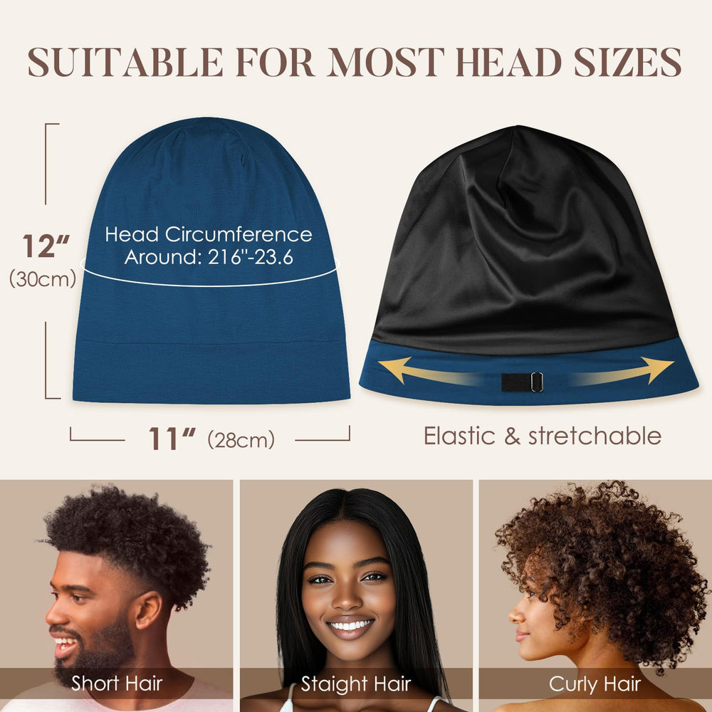 Inside view showing hair volume accommodated by LULUSILK bonnet with gentle coverage