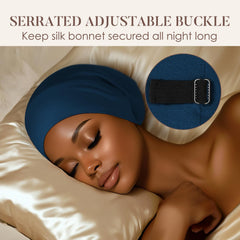 Woman sleeping wearing LULUSILK bonnet illustrating overnight hair protection benefit