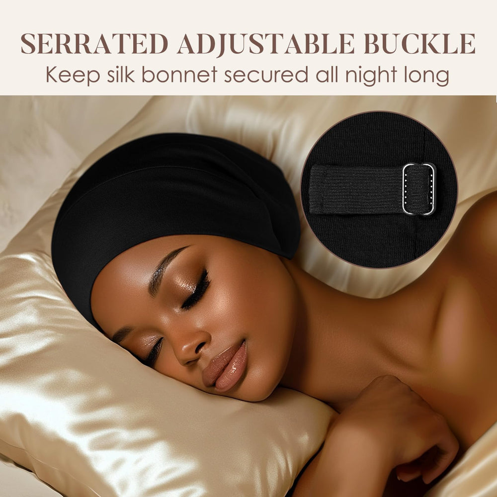 LULUSILK bonnet in use sleeping model illustrating comfortable overnight wear