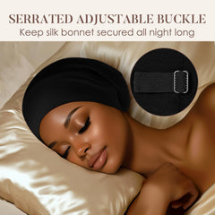 LULUSILK bonnet in use sleeping model illustrating comfortable overnight wear