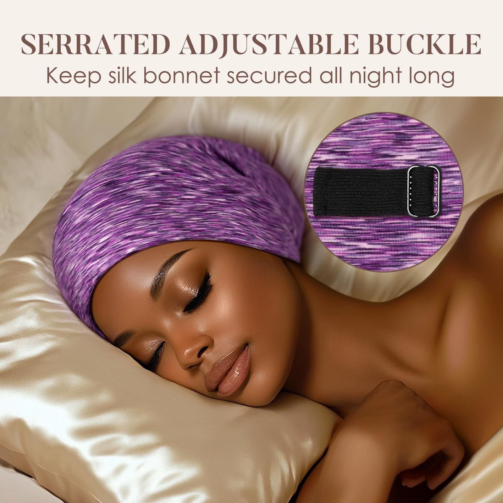 model wearing LULUSILK bonnet while resting to show comfort and overnight protection