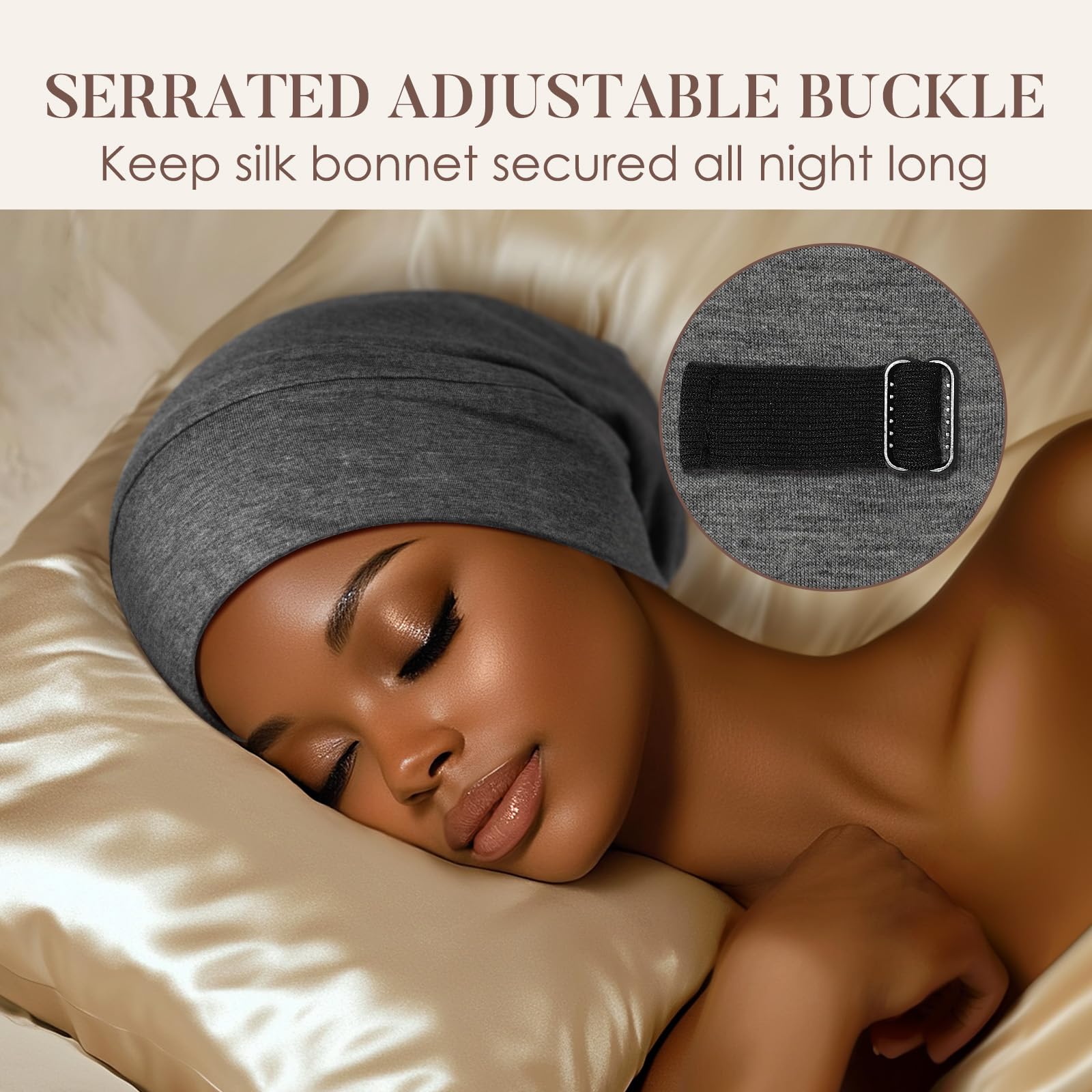 LULUSILK on model sleeping demonstrating secure fit and wrinkle-free hair benefit
