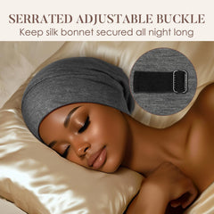 LULUSILK on model sleeping demonstrating secure fit and wrinkle-free hair benefit