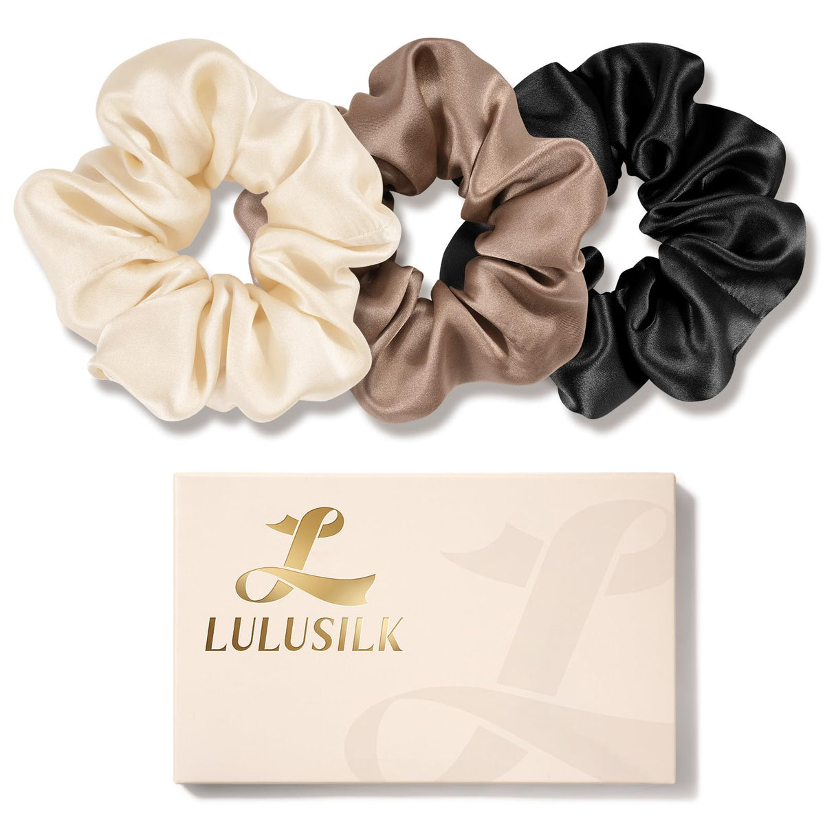 LULUSILK front packaging 3-pack silk scrunchies shows set and colors for easy styling