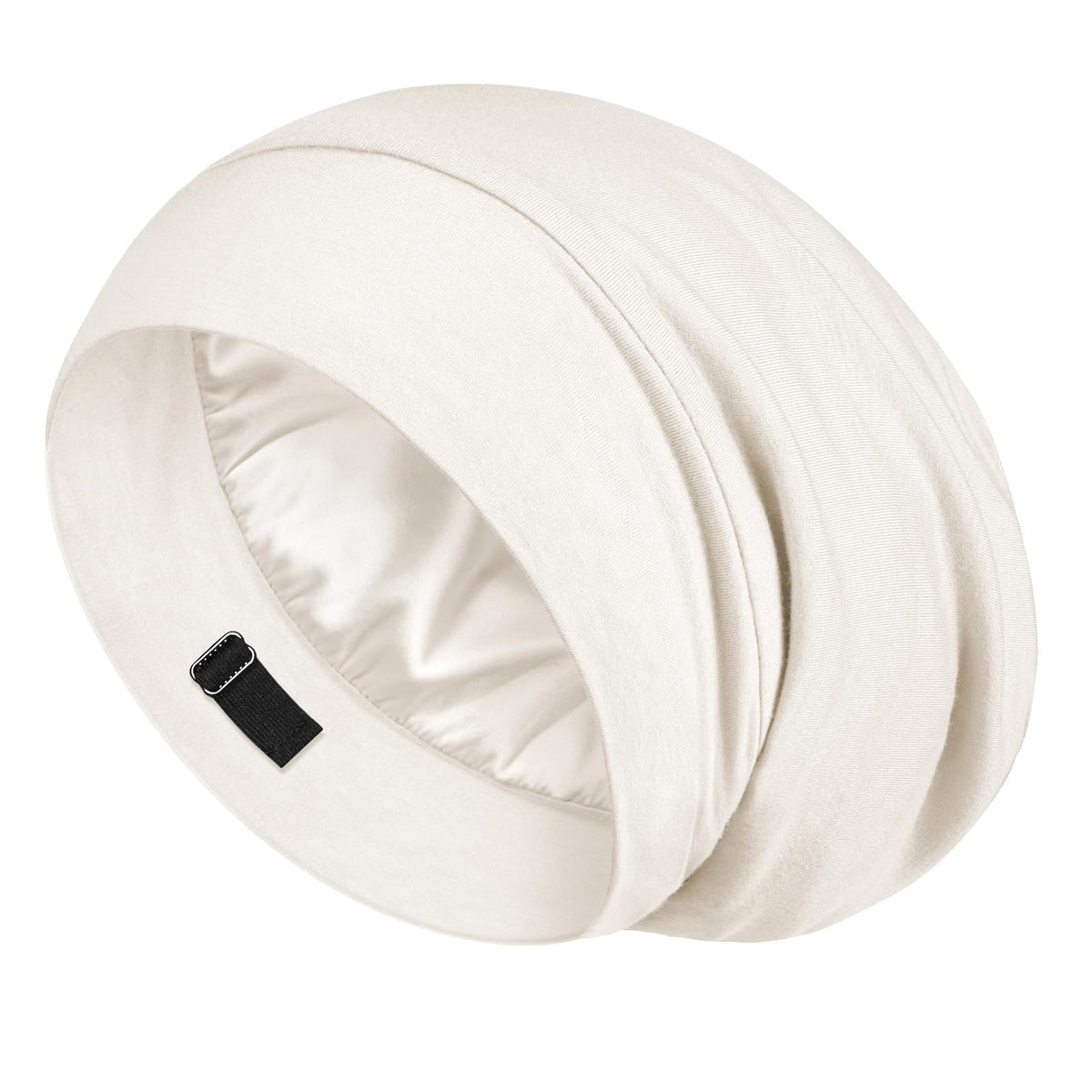 LULUSILK front view white bonnet showing elegant fit and hair protection