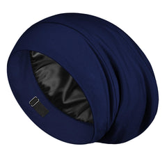 LULUSILK navy blue bonnet front view showing neat fit and coverage
