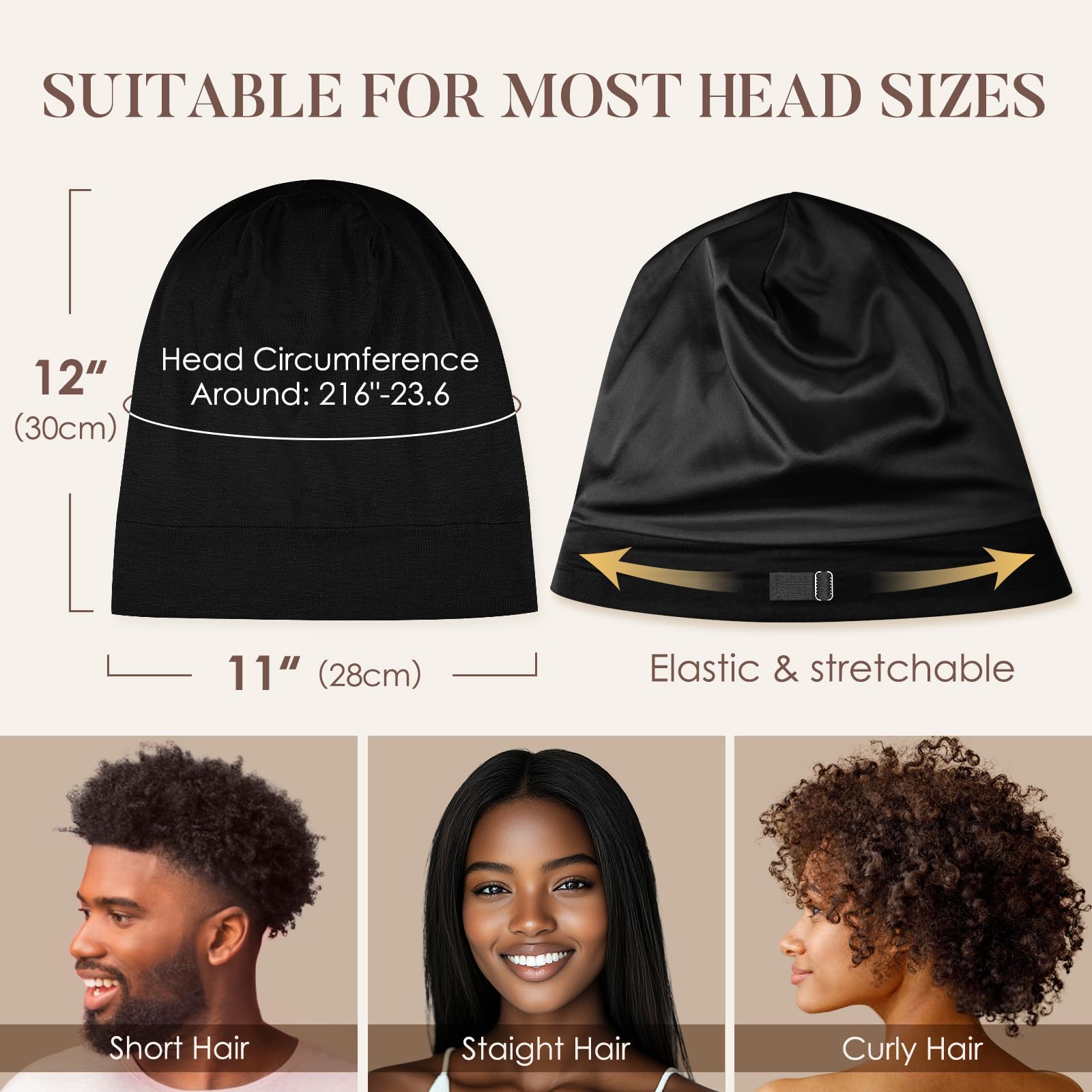 LULUSILK size scale comparison showing fit for most head sizes benefit