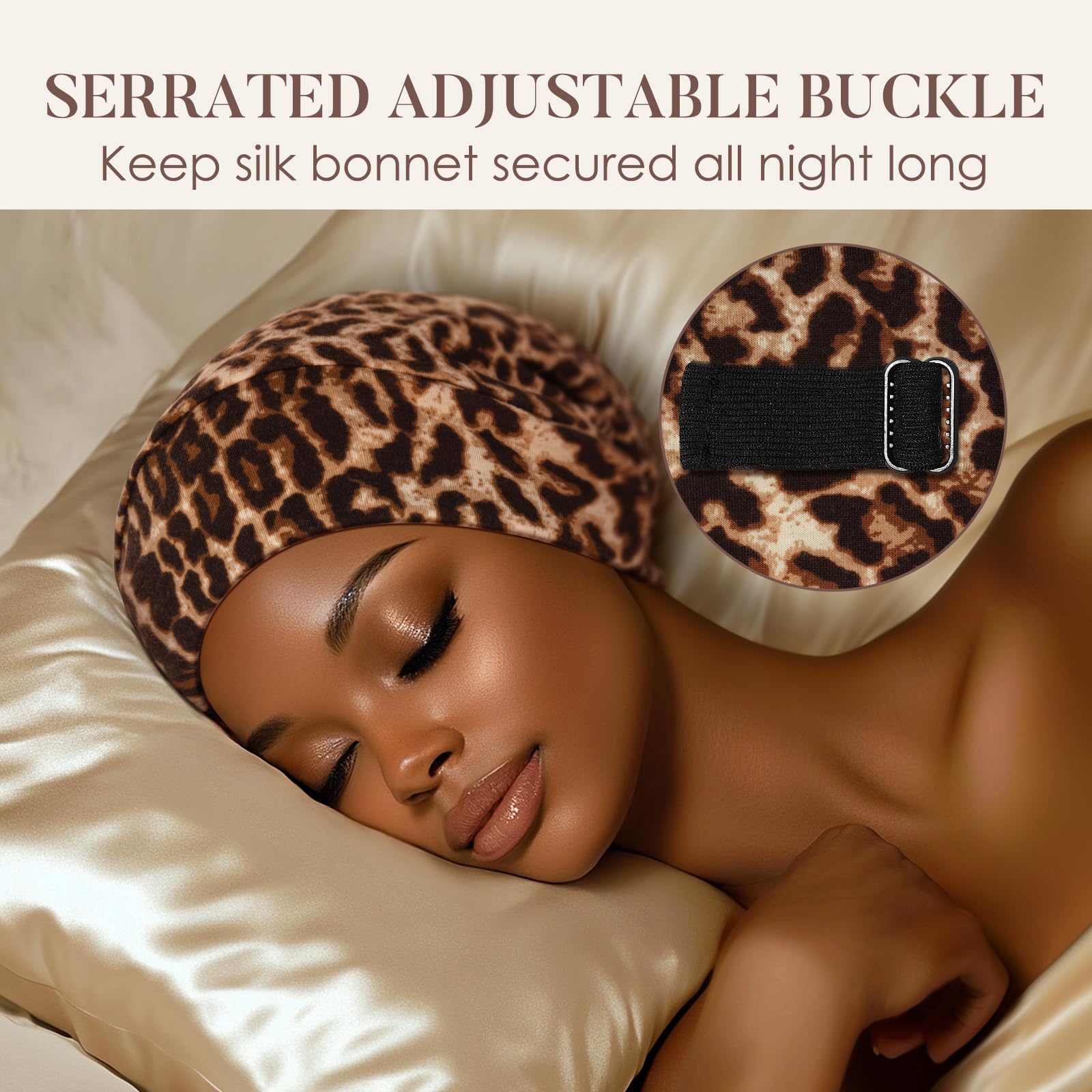 Woman sleeping wearing LULUSILK bonnet showing overnight frizz reduction