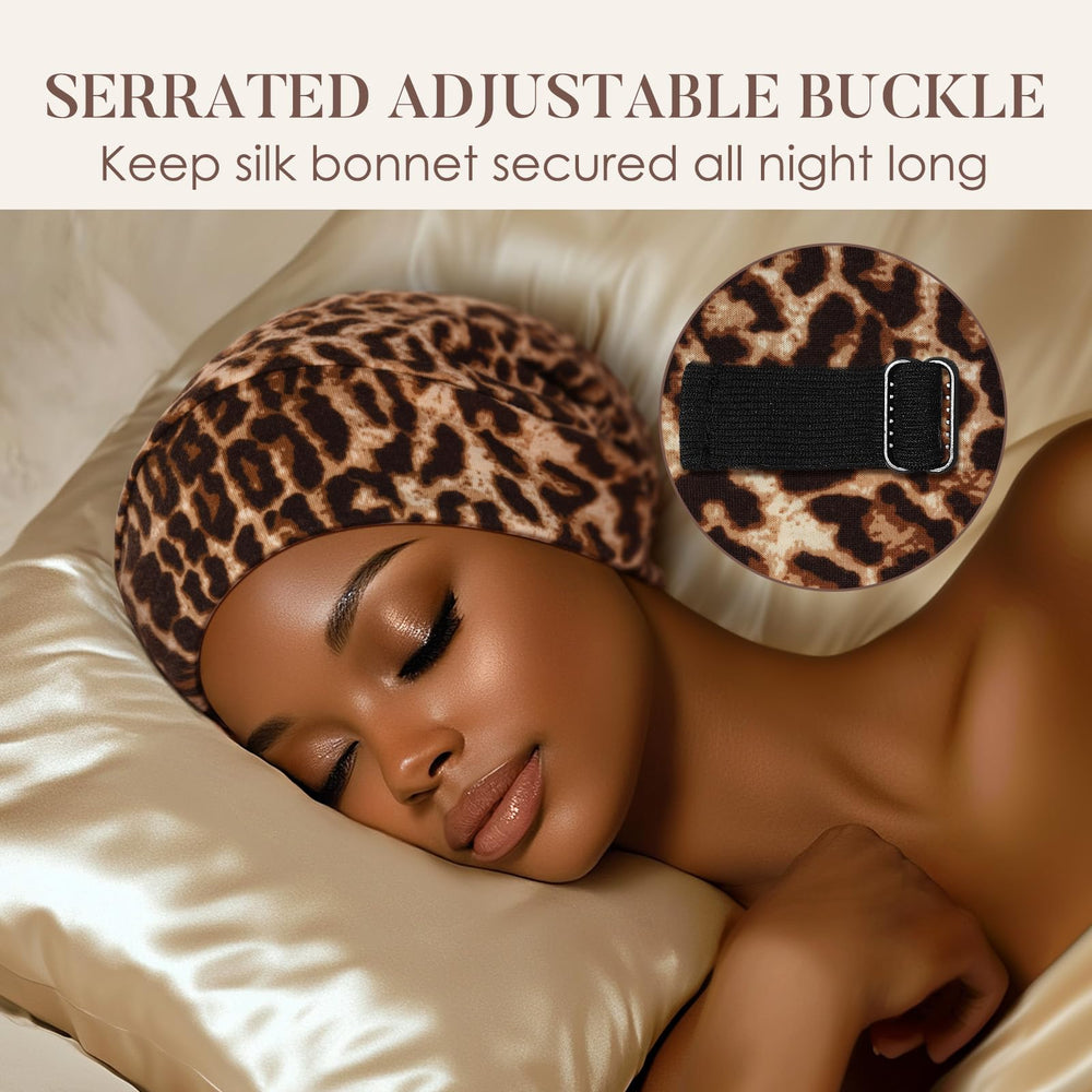 Woman sleeping wearing LULUSILK bonnet showing overnight frizz reduction