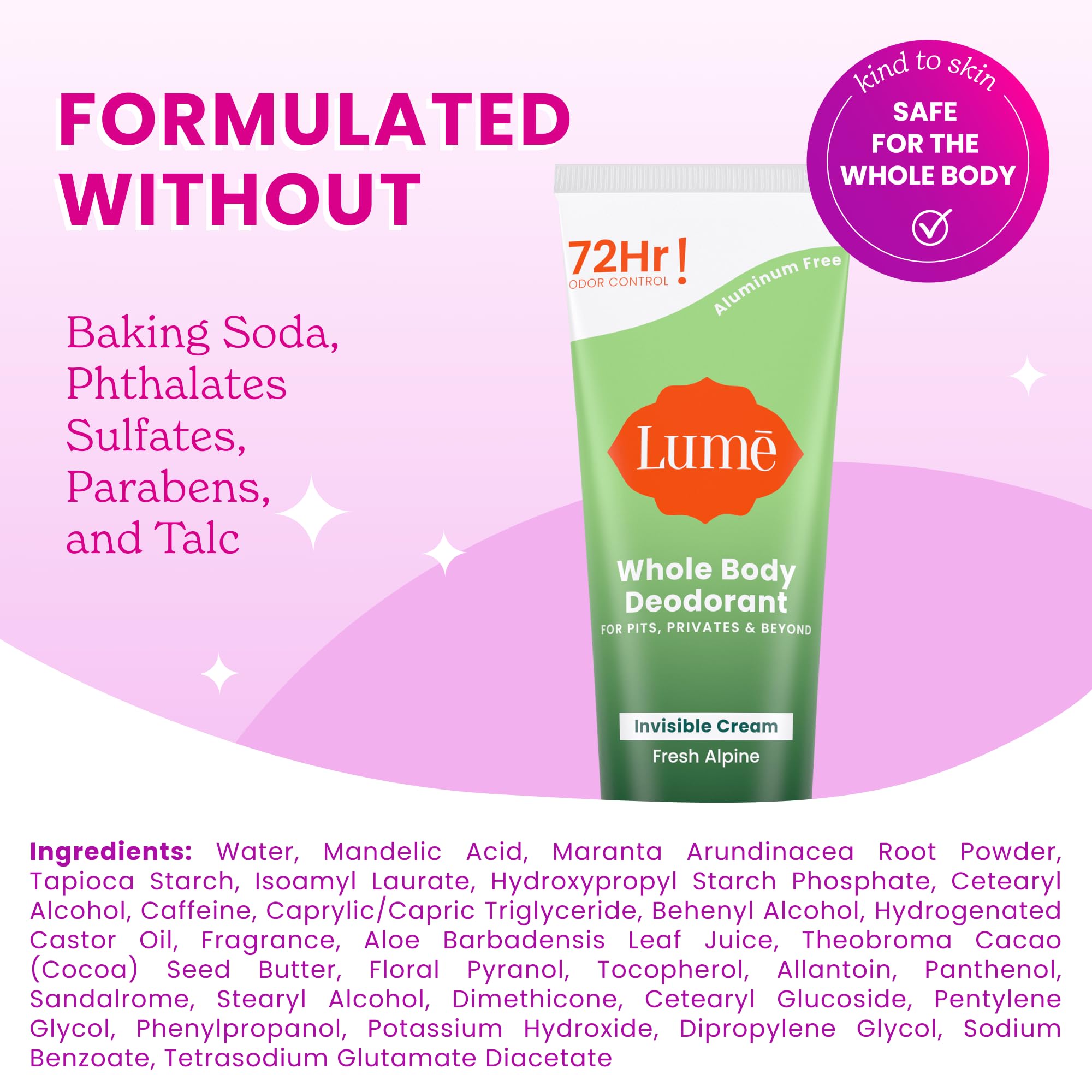 Lume application on groin area demonstration emphasizing gentle, baking-soda-free care