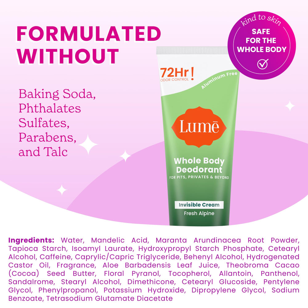 Lume application on groin area demonstration emphasizing gentle, baking-soda-free care