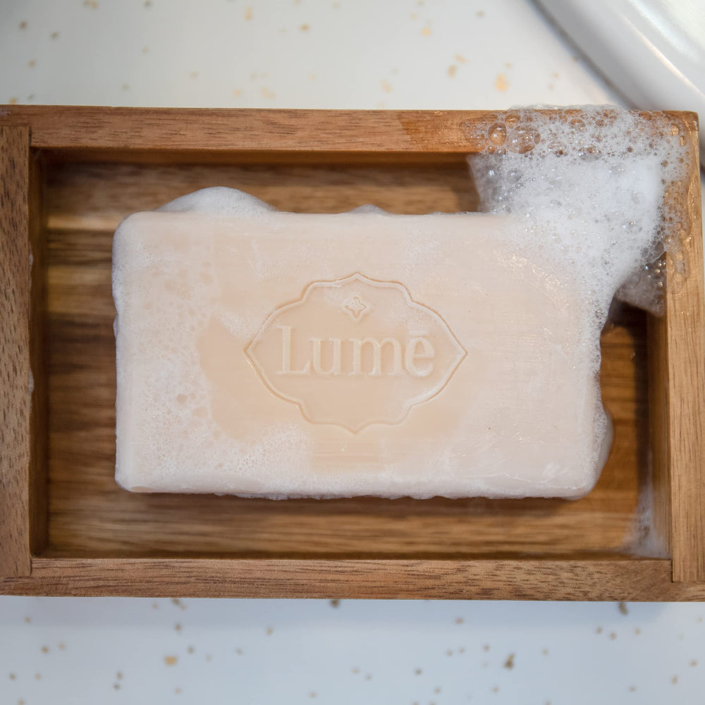 Lume bar on bathroom counter suggesting fragrance-free routine