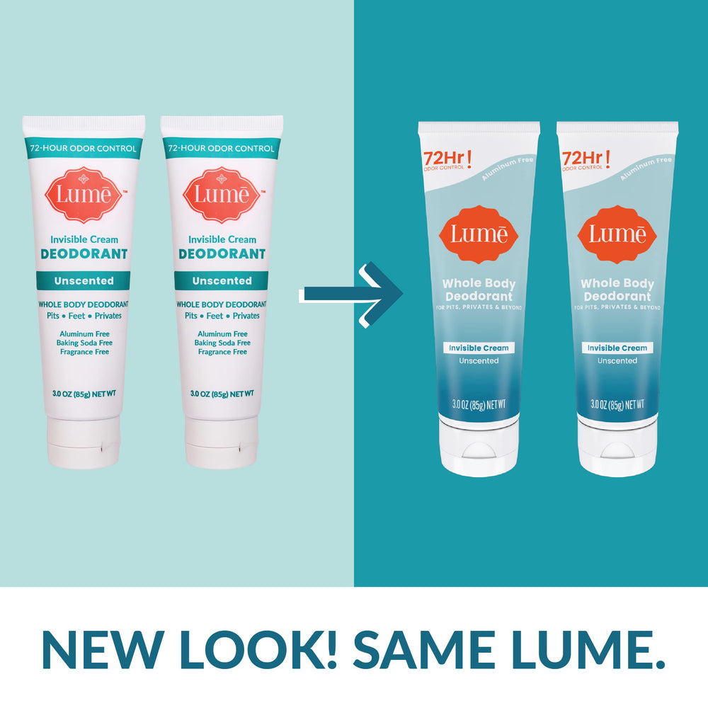 Lume cream next to hand showing 3 oz size and easy dosing