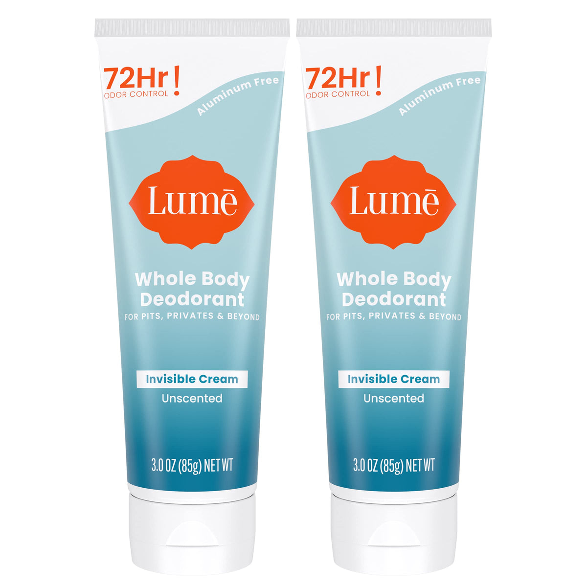 Lume cream tube front packaging showing unscented two-pack benefit