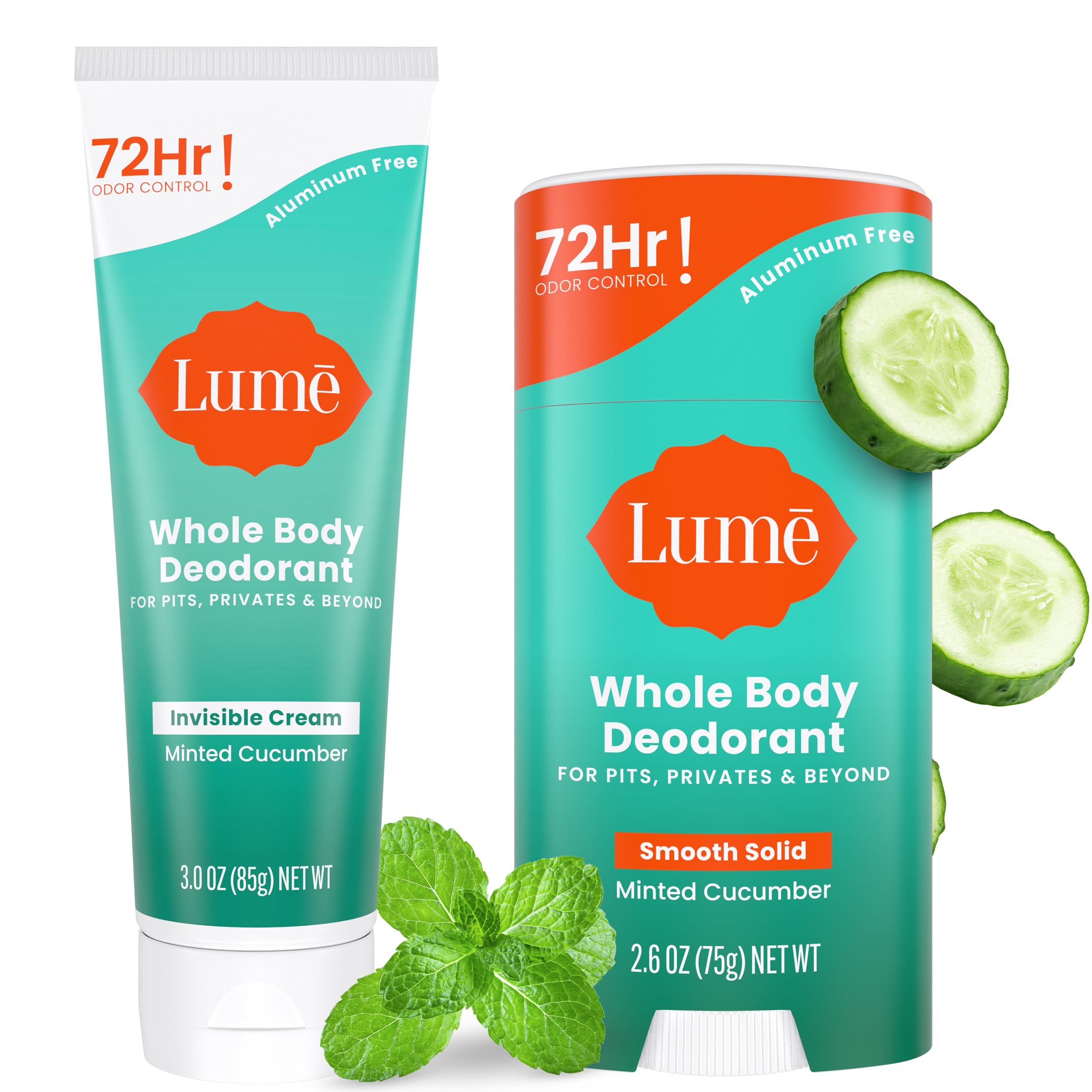 Lume cucumber front packaging showing both tube and stick for full-body odor control