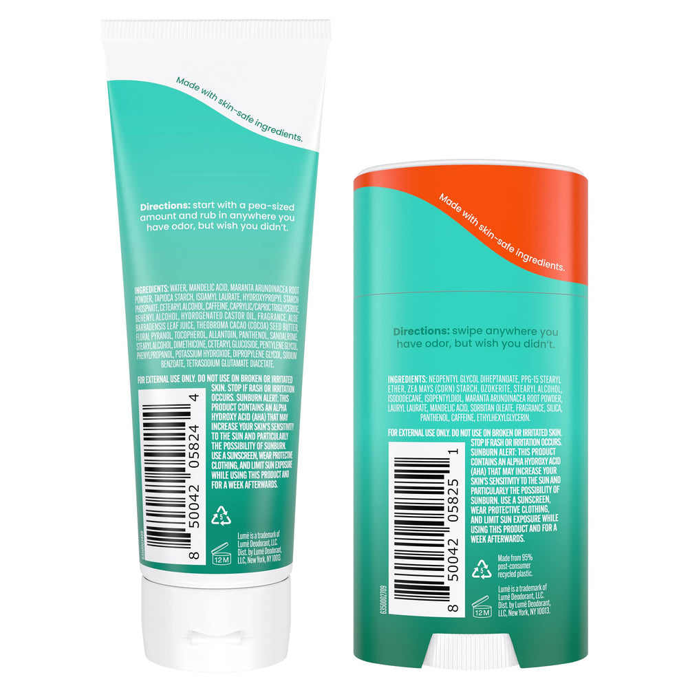 Lume cucumber tube close-up highlighting 3 oz cream and easy-rub texture benefit