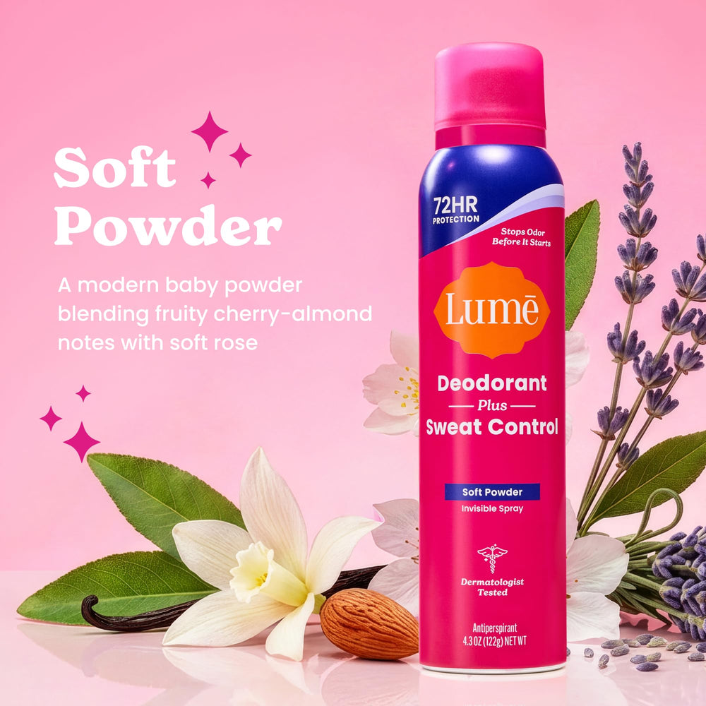 Lume full size and mini sprays side by side for at-home and travel convenience