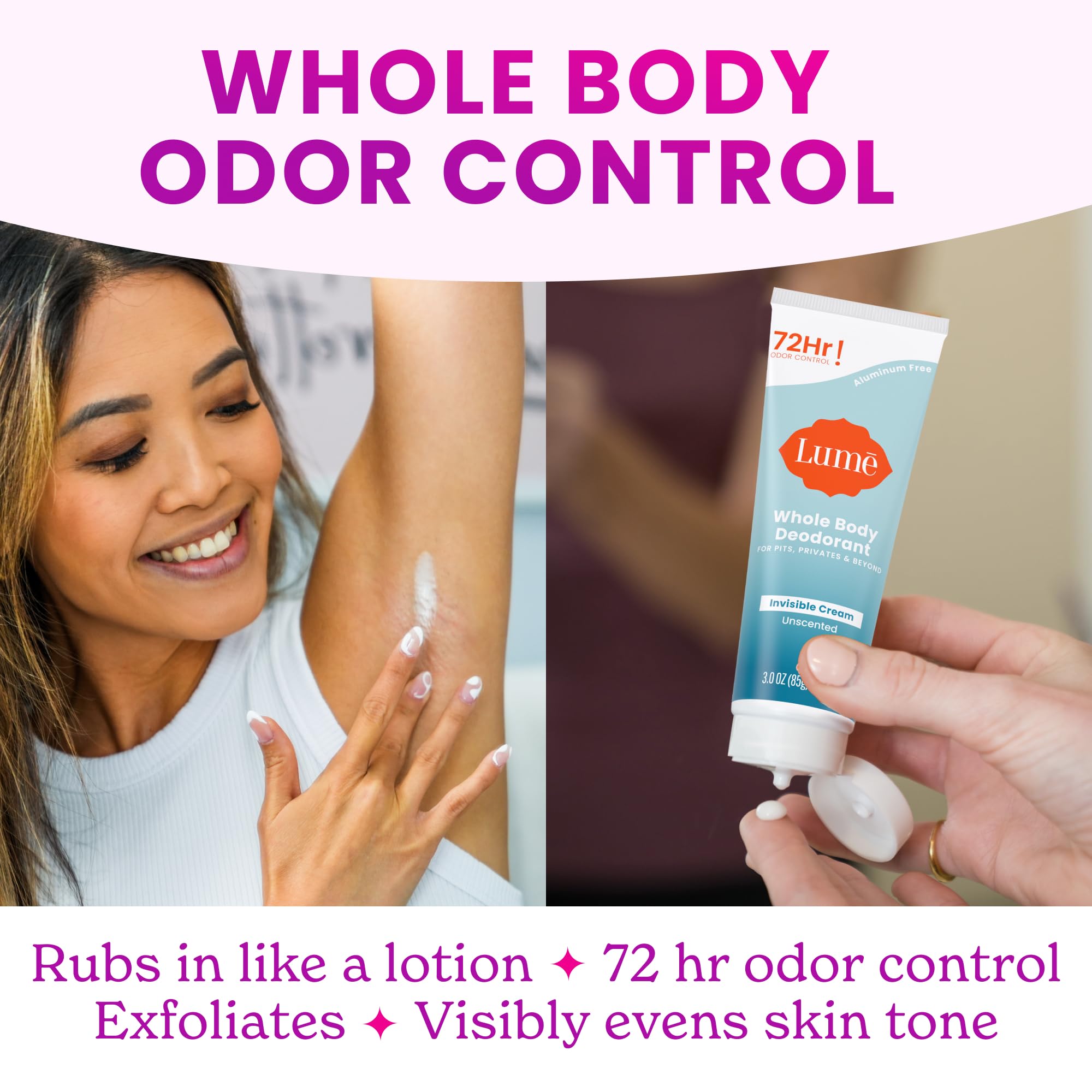 Lume product label and ingredients detail emphasizing hypoallergenic formula