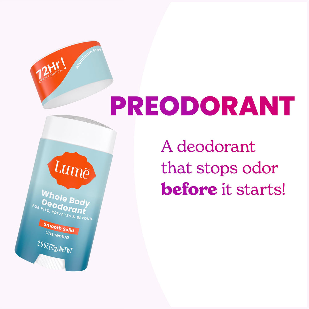 Close-up of Lume label highlighting unscented baking soda–free formulation