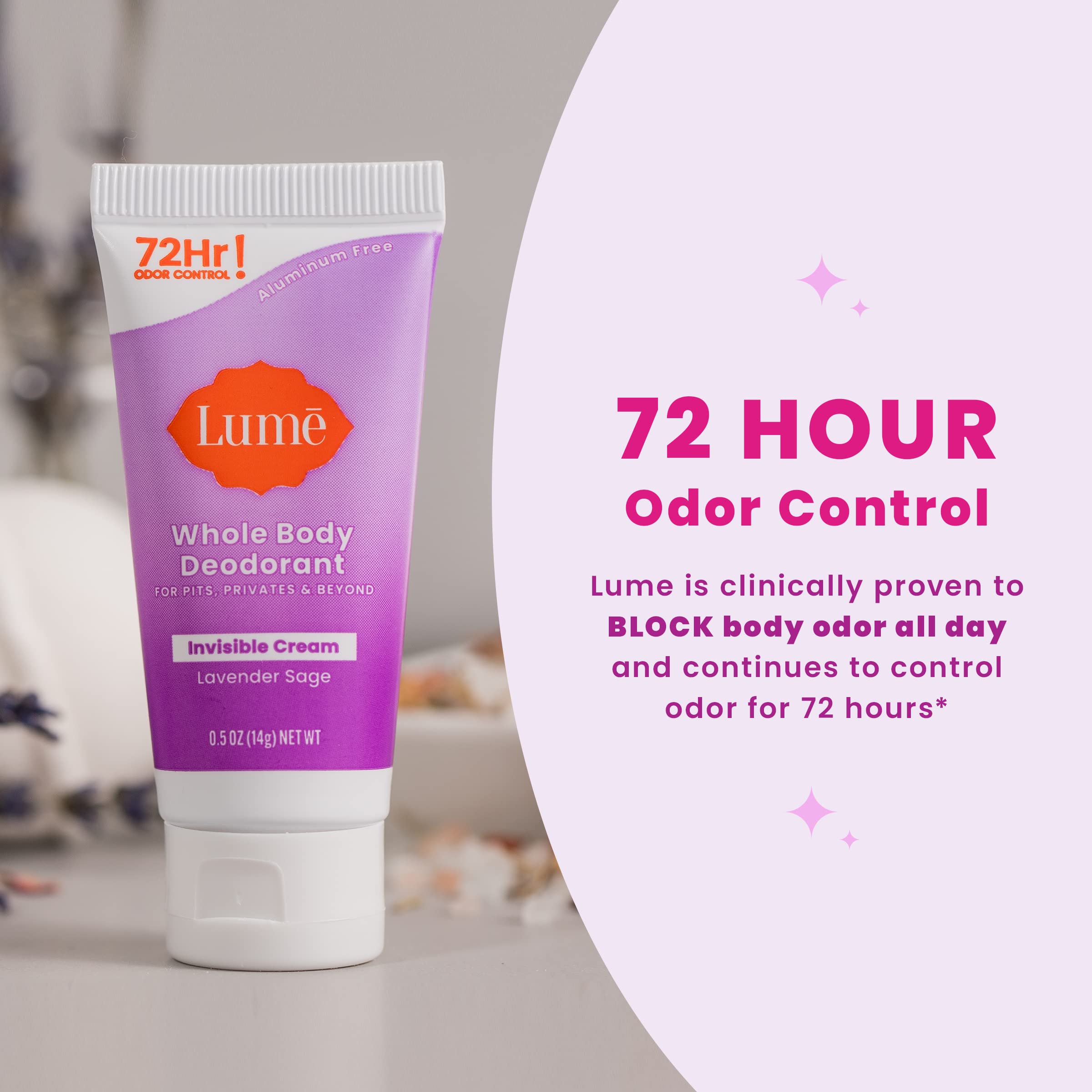Lume Lavender Sage tube label close‑up highlighting ingredient transparency