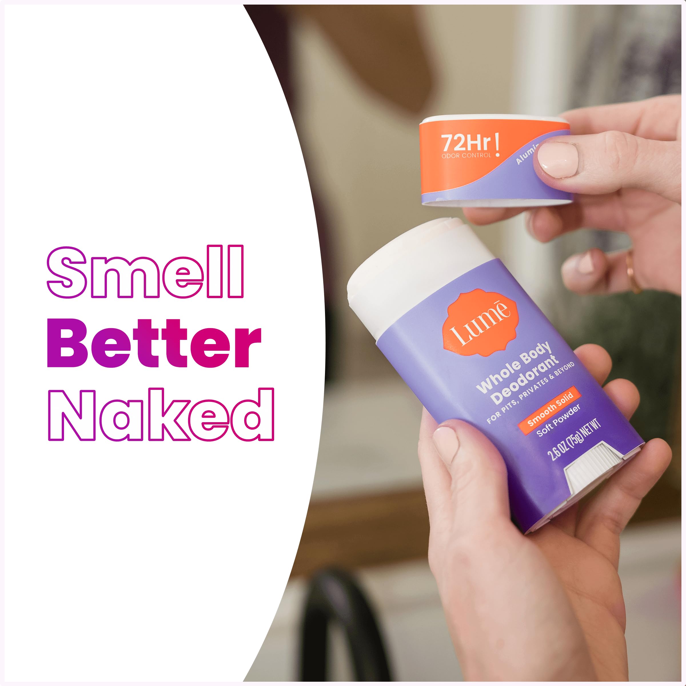 Lume on bathroom counter in lifestyle scene showing daily routine benefit