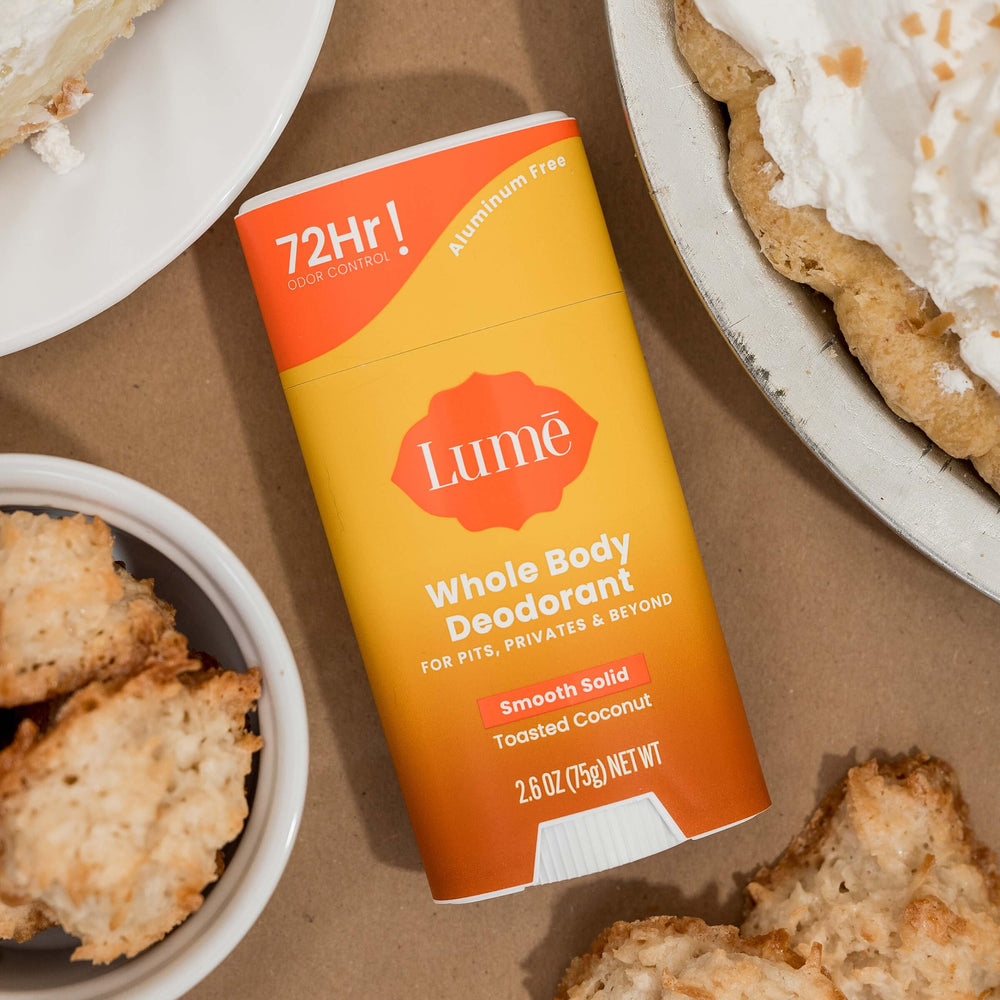 Lume deodorant on bathroom counter in lifestyle setting for daily routine