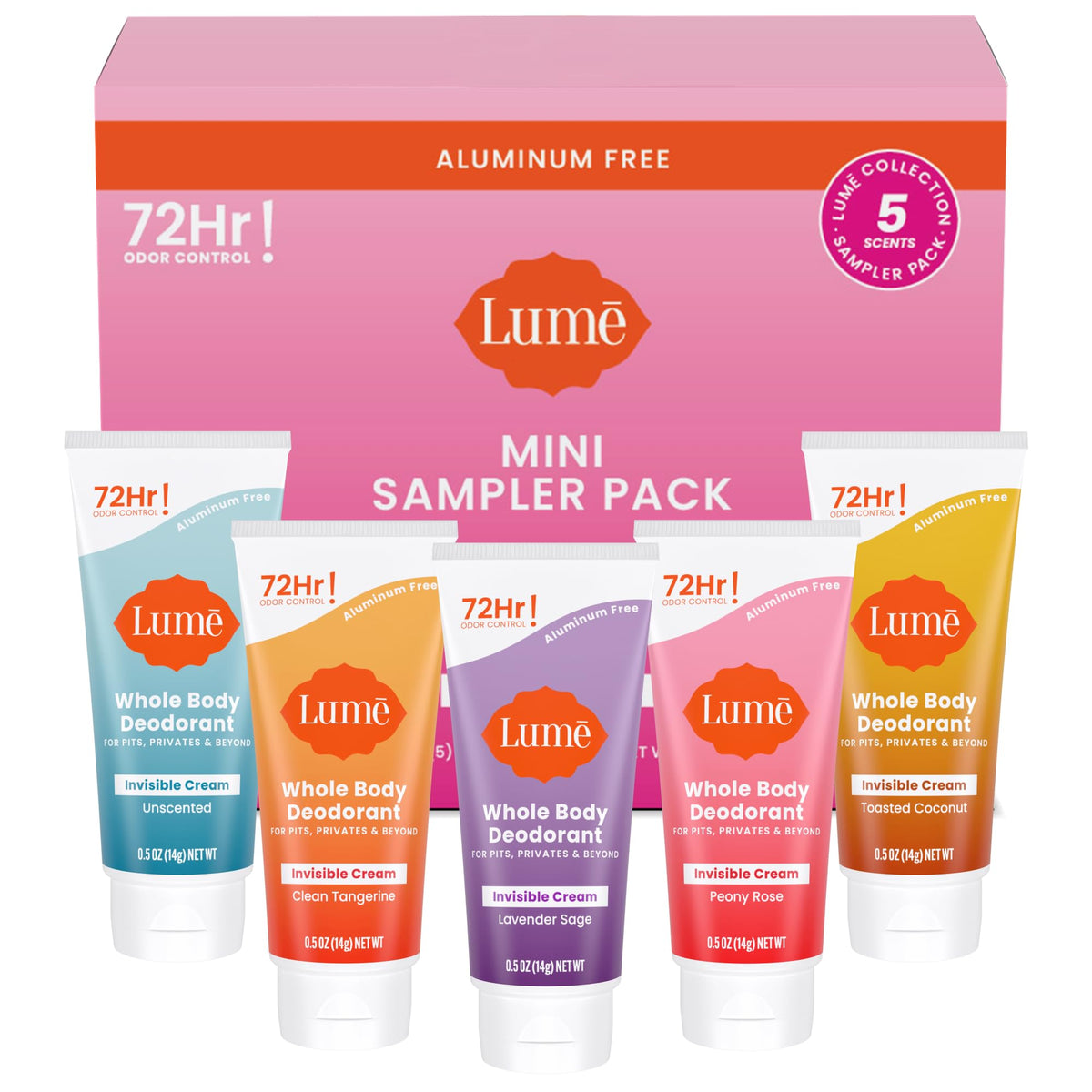 Lume five‑pack front packaging showing all mini cream tubes and scents