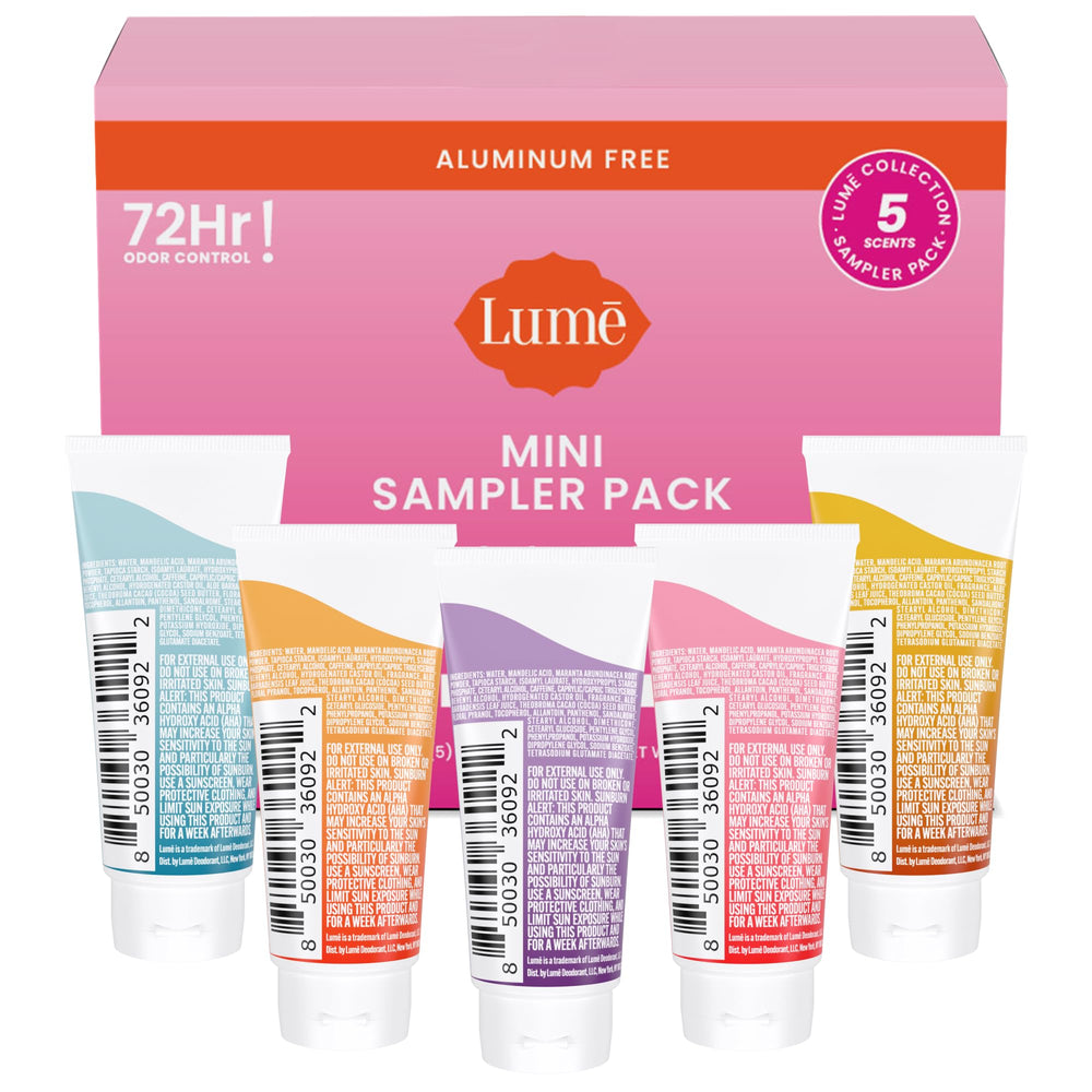 Lume mini tubes arranged by scent for easy comparison and sampling