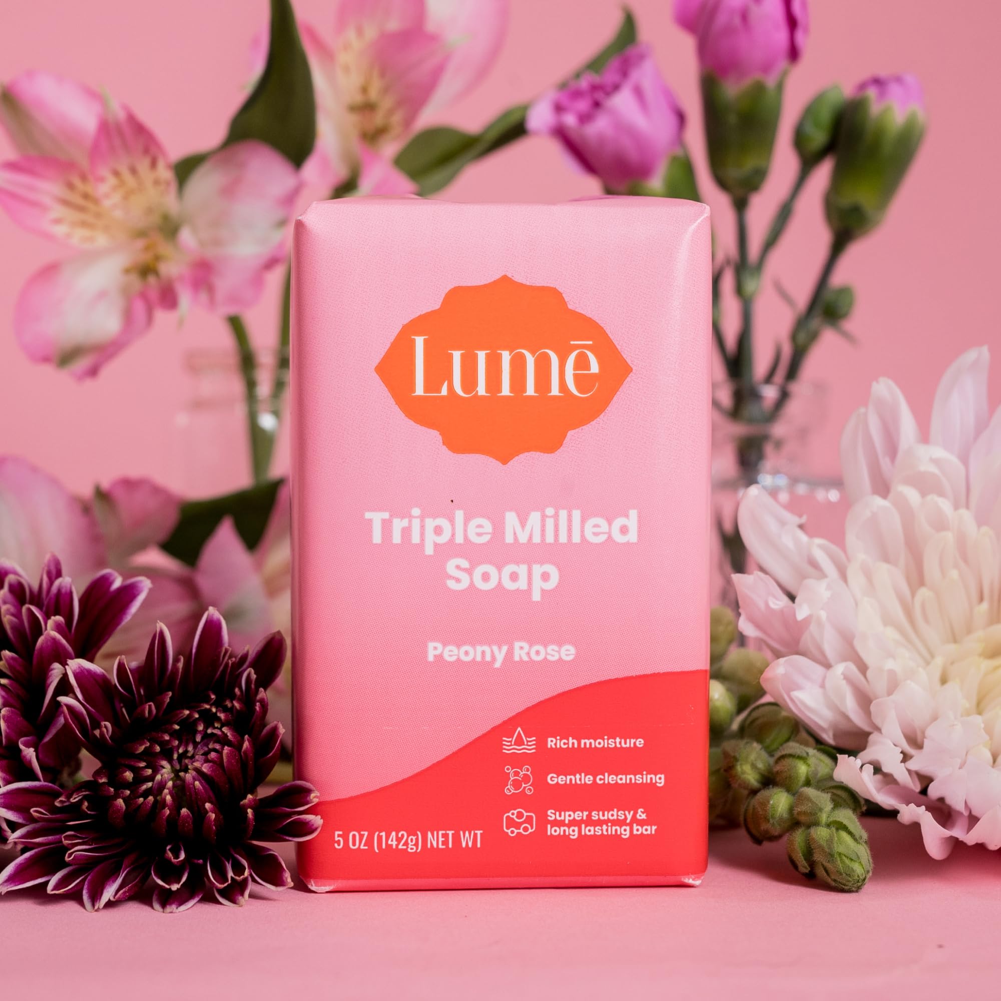 Lume Peony Rose four-pack stacked highlighting value and long-lasting supply
