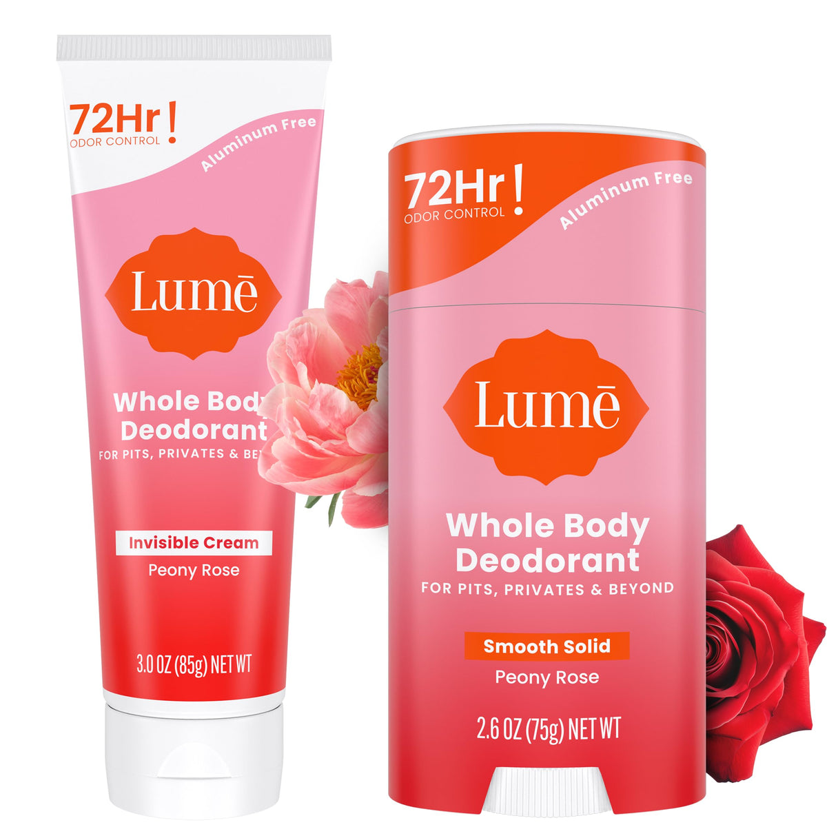 Lume bundle front packaging showing both Peony Rose products benefits