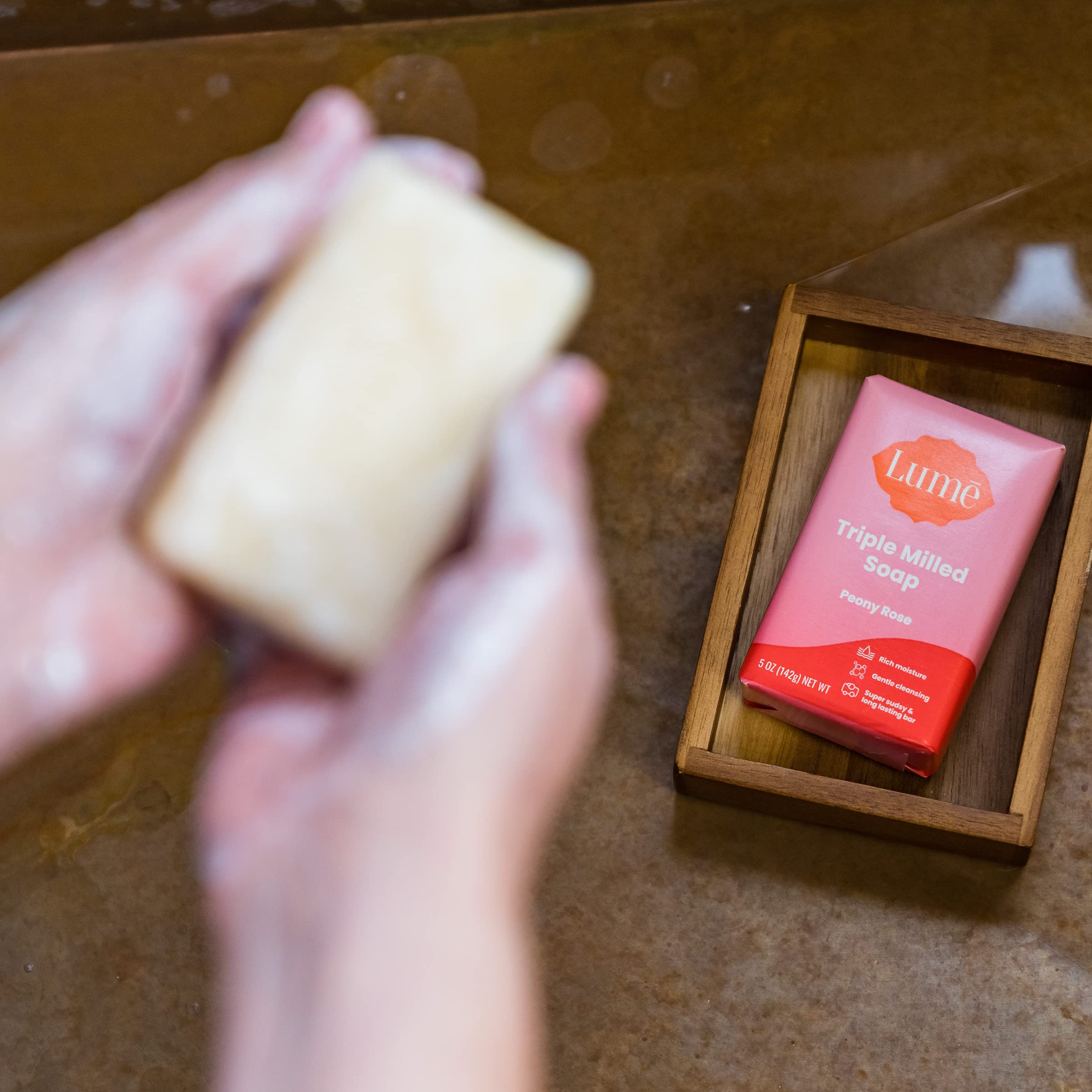 Lume Peony Rose in shower lifestyle showing gentle cleansing and daily use