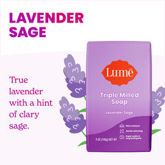 Lume 5oz soap bar top view showing size and calming lavender scent