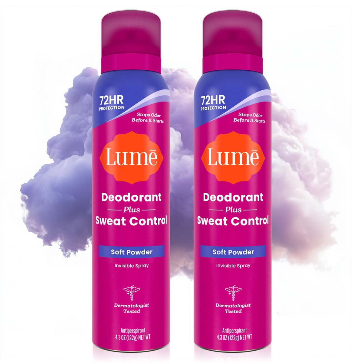 Lume soft powder front packaging shows spray can and scent benefit