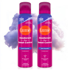 Lume soft powder front packaging shows spray can and scent benefit