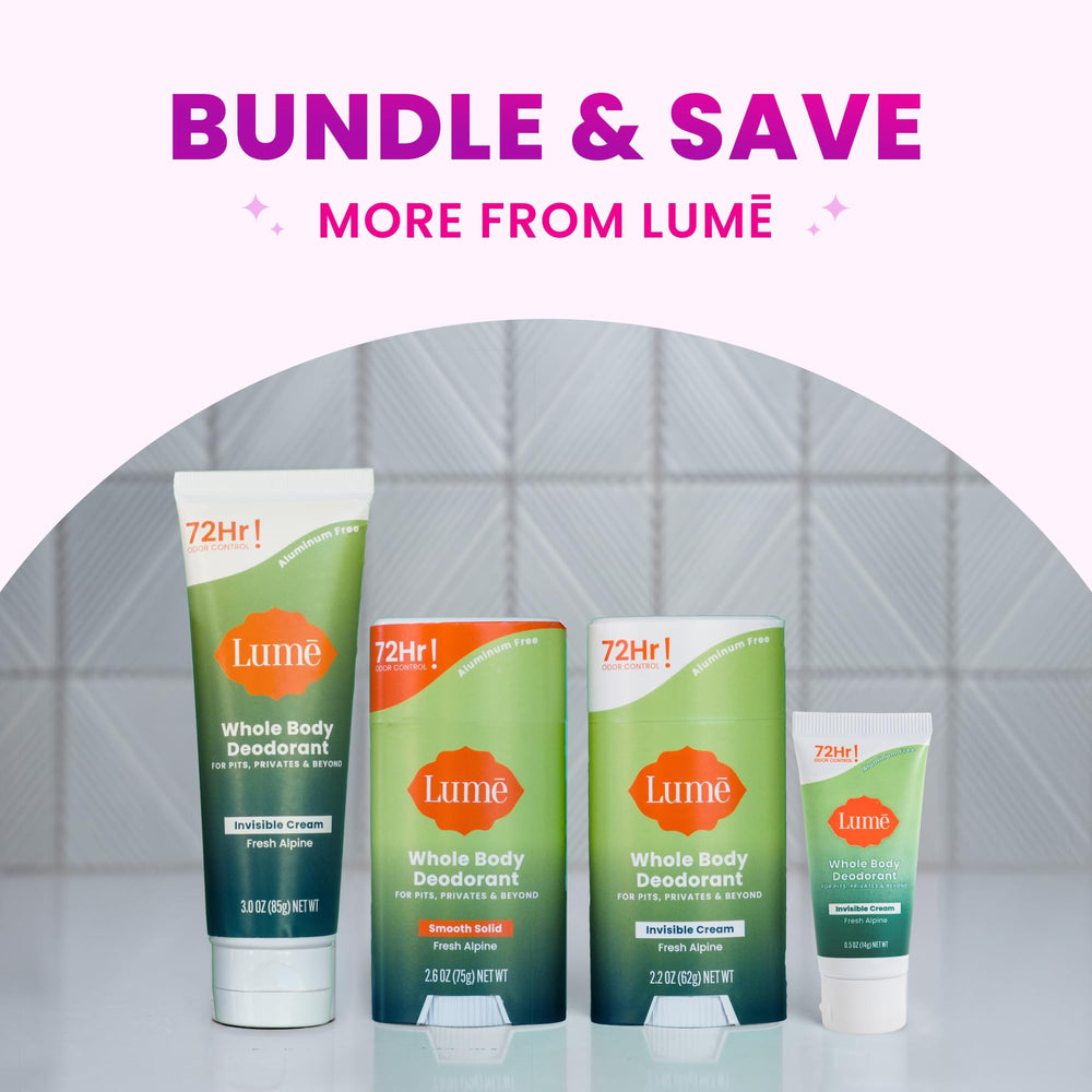 Three-pack of Lume Solid Sticks staged in bathroom, showing value and everyday convenience