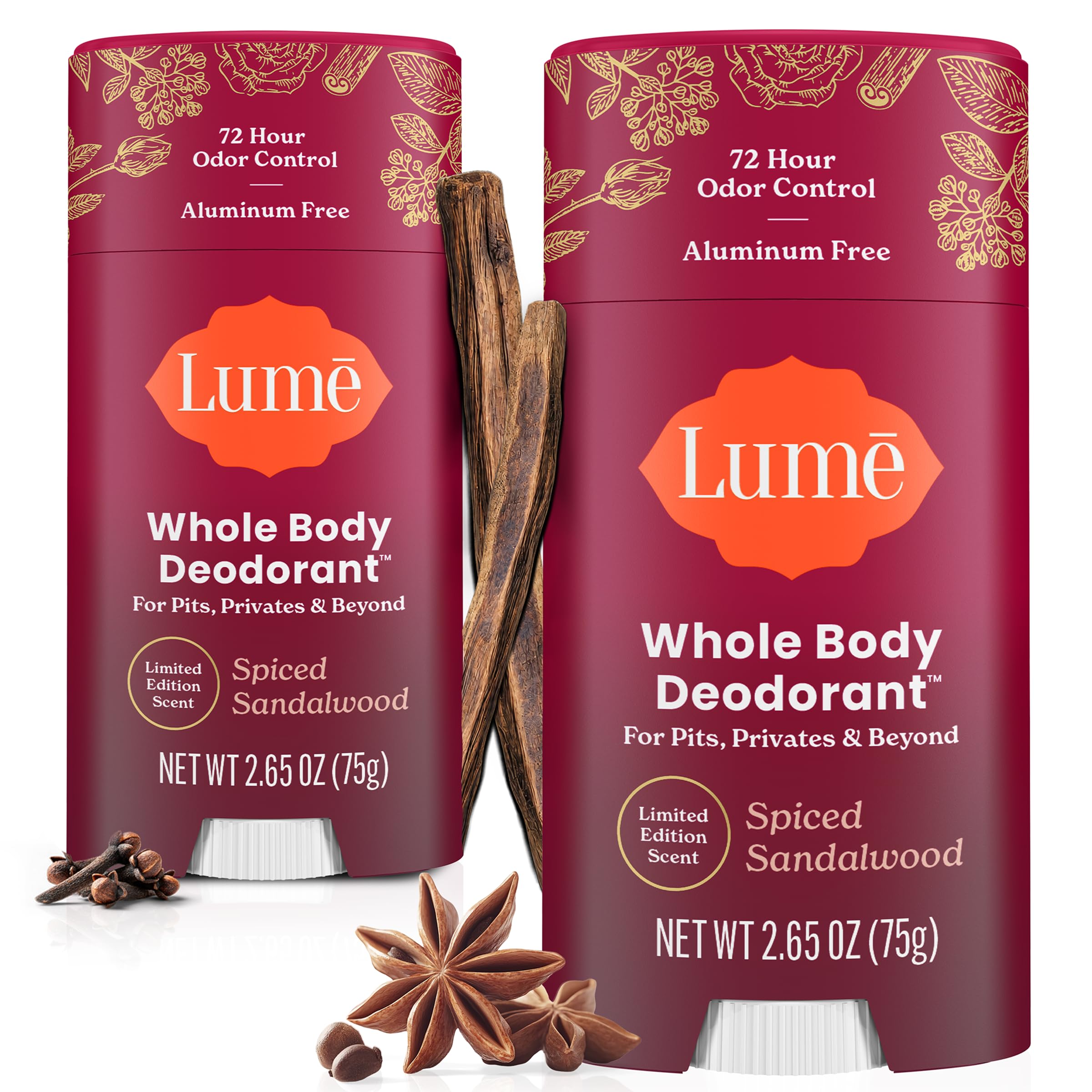 Lume front packaging showing two Spiced Sandalwood sticks, convenient supply