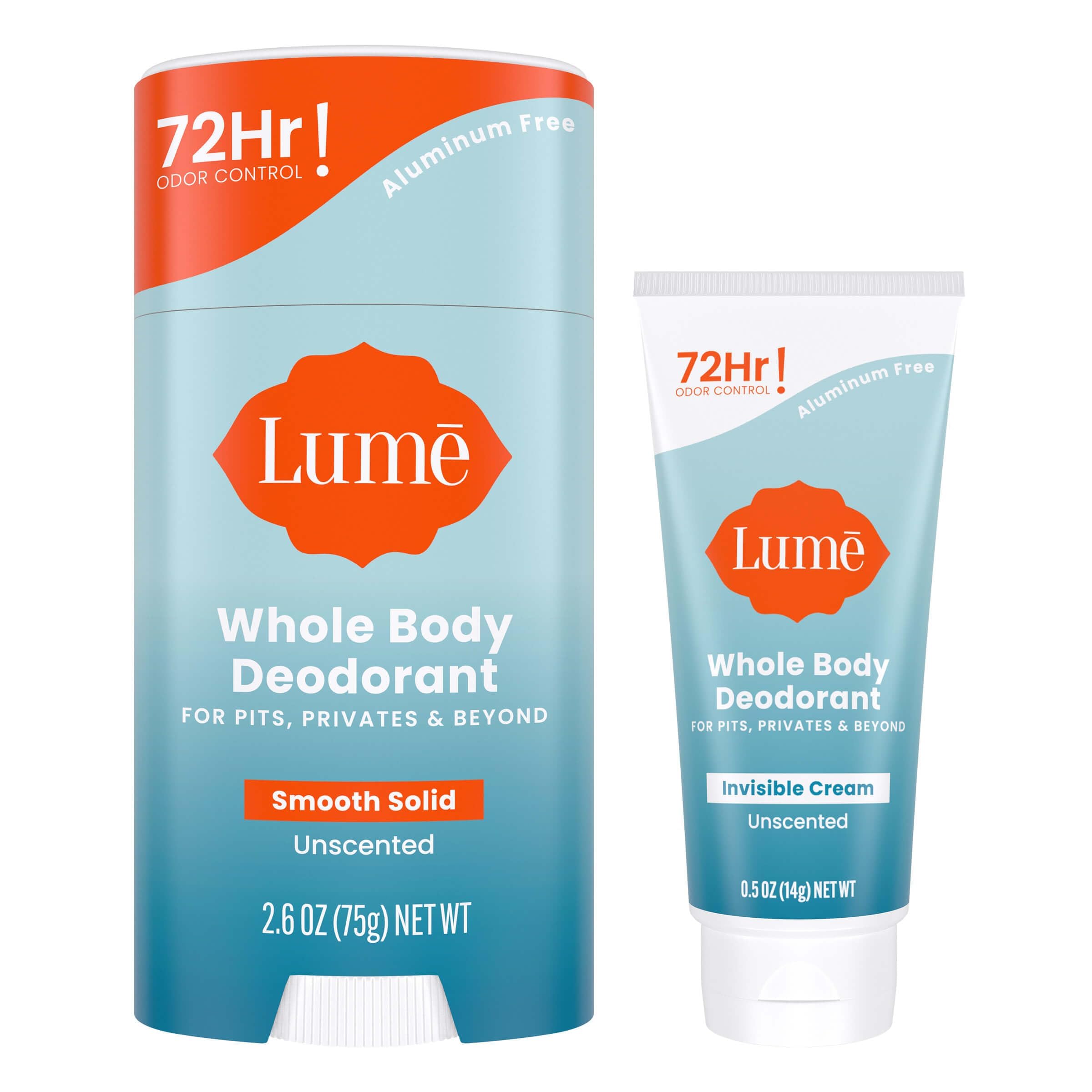 Lume stick front packaging showing compact deodorant convenience