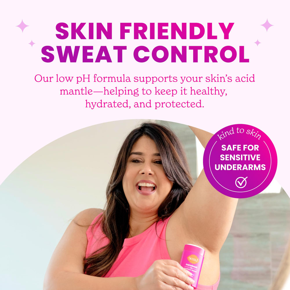 Lume being applied underarm demonstrating quick, sweat control