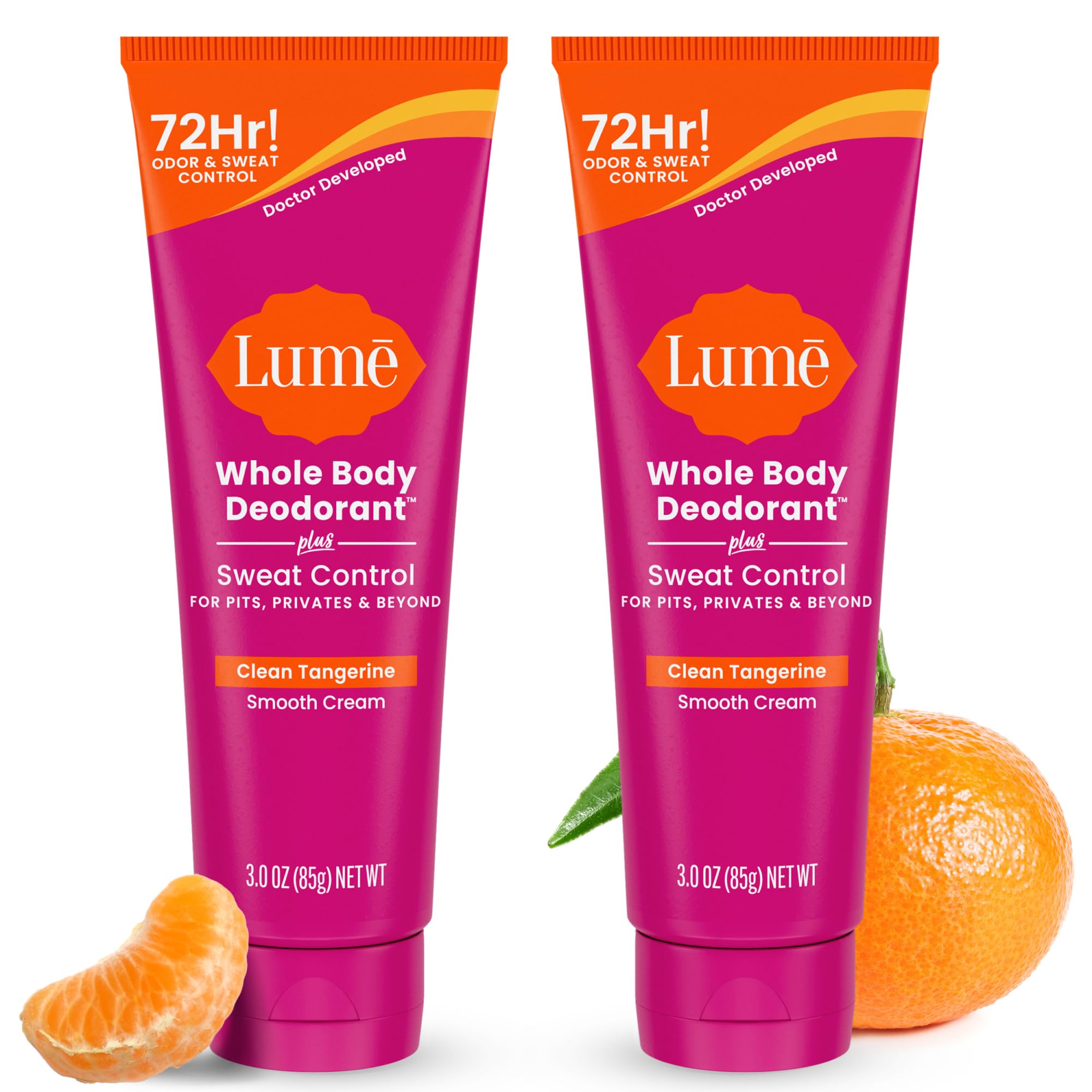 Lume tube front packaging showing tangerine scent and two-pack benefit